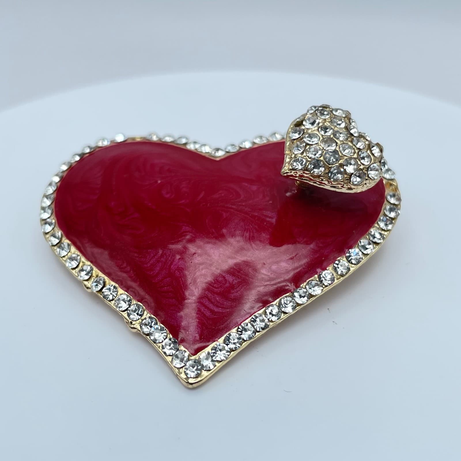 Vintage 90s Pink Enamel Heart Brooch Gold Tone Glass Trembler Pin Statement - Thumbnail 2