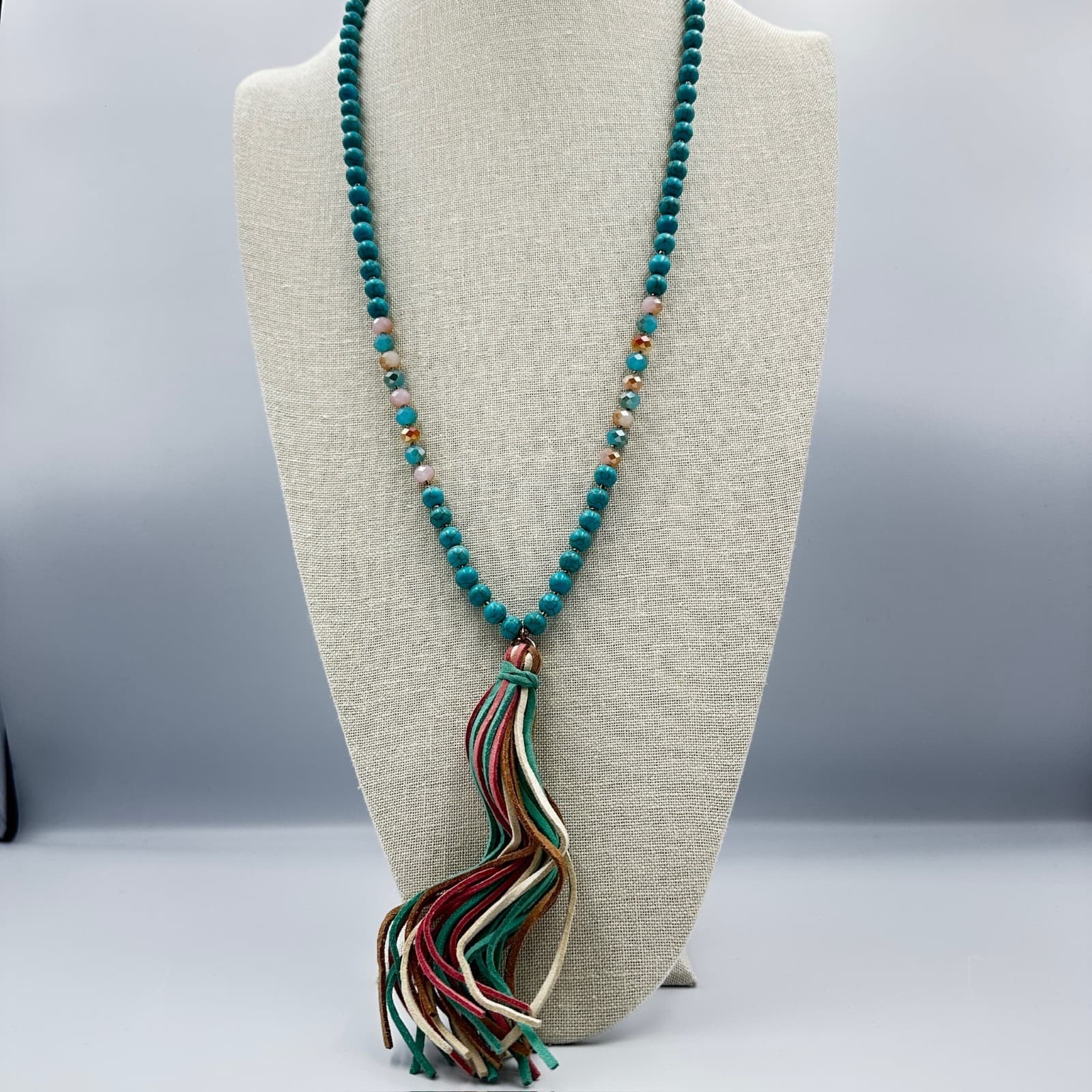 Turquoise Beaded Tassel Necklace Boho Western Festival Style - Image 1