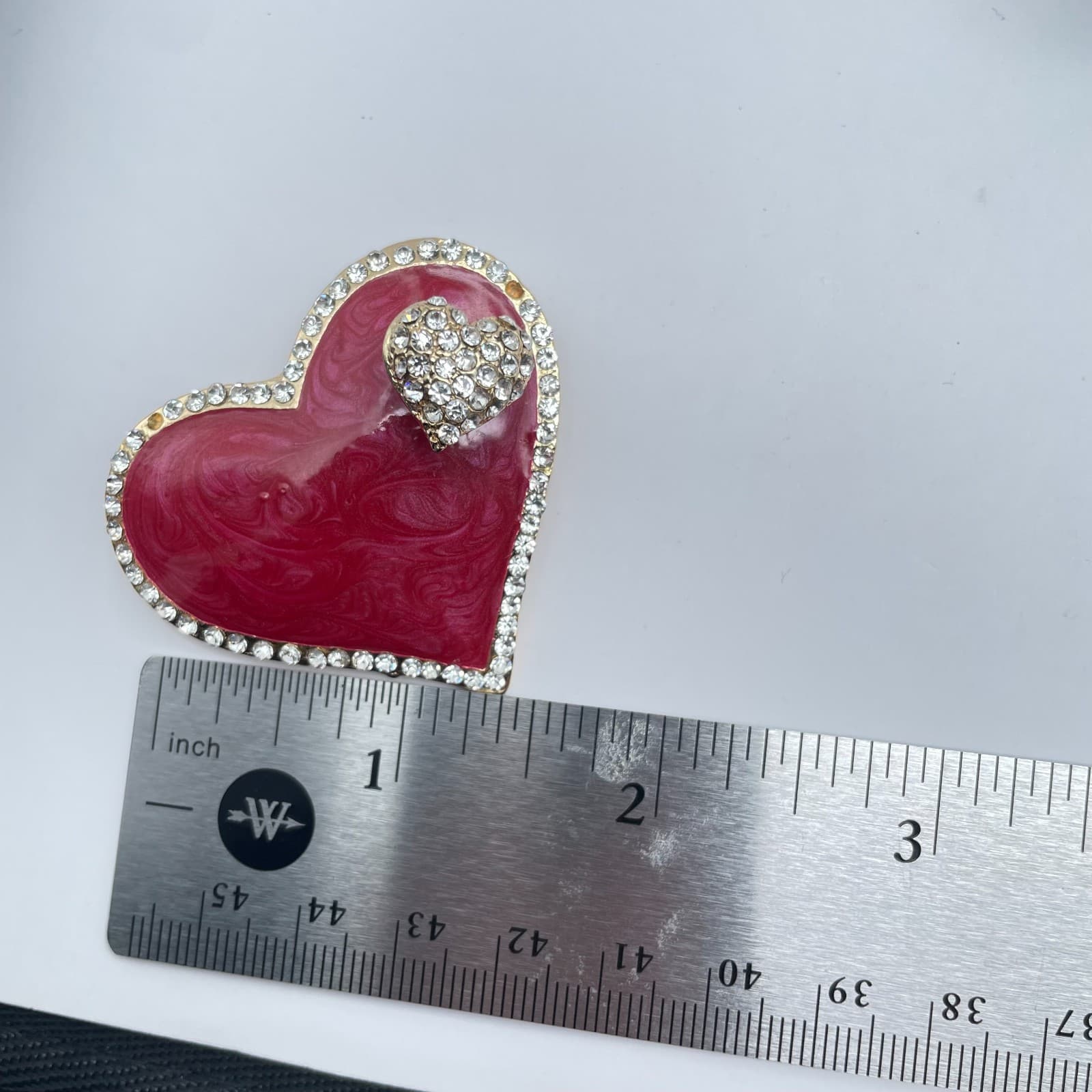 Vintage 90s Pink Enamel Heart Brooch Gold Tone Glass Trembler Pin Statement - Thumbnail 9