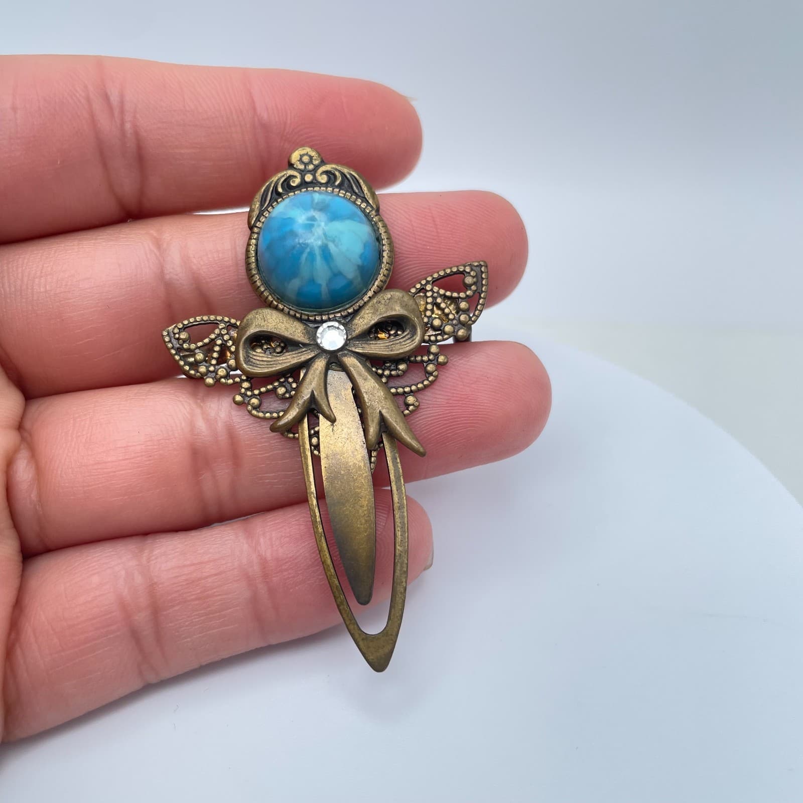Vintage 90s Bronze-Tone Brooch Pin Blue Marbled Cabochon Filigree Boho Jewelry - Thumbnail 5