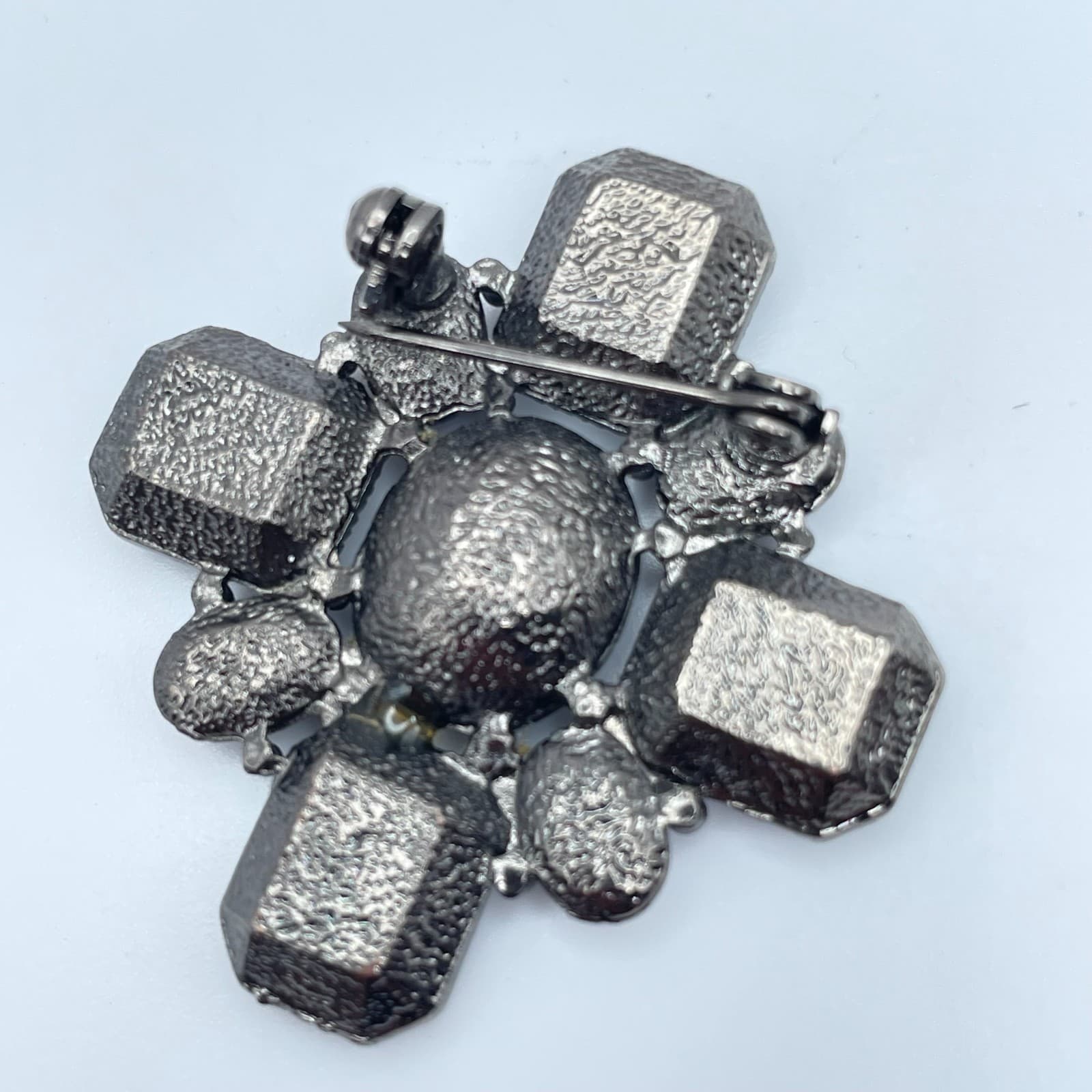 Vintage 90s Gothic Silver Tone Black Onyx Glass Cross Brooch Pin Art Deco - Thumbnail 6