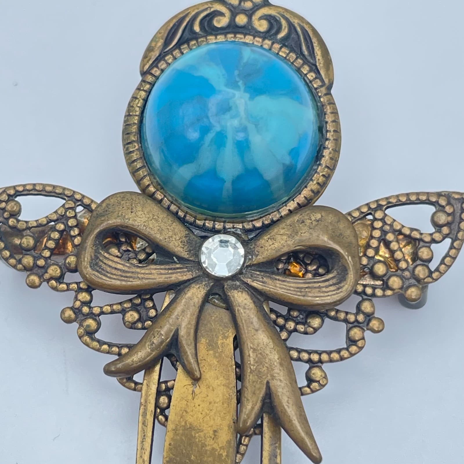 Vintage 90s Bronze-Tone Brooch Pin Blue Marbled Cabochon Filigree Boho Jewelry - Thumbnail 3