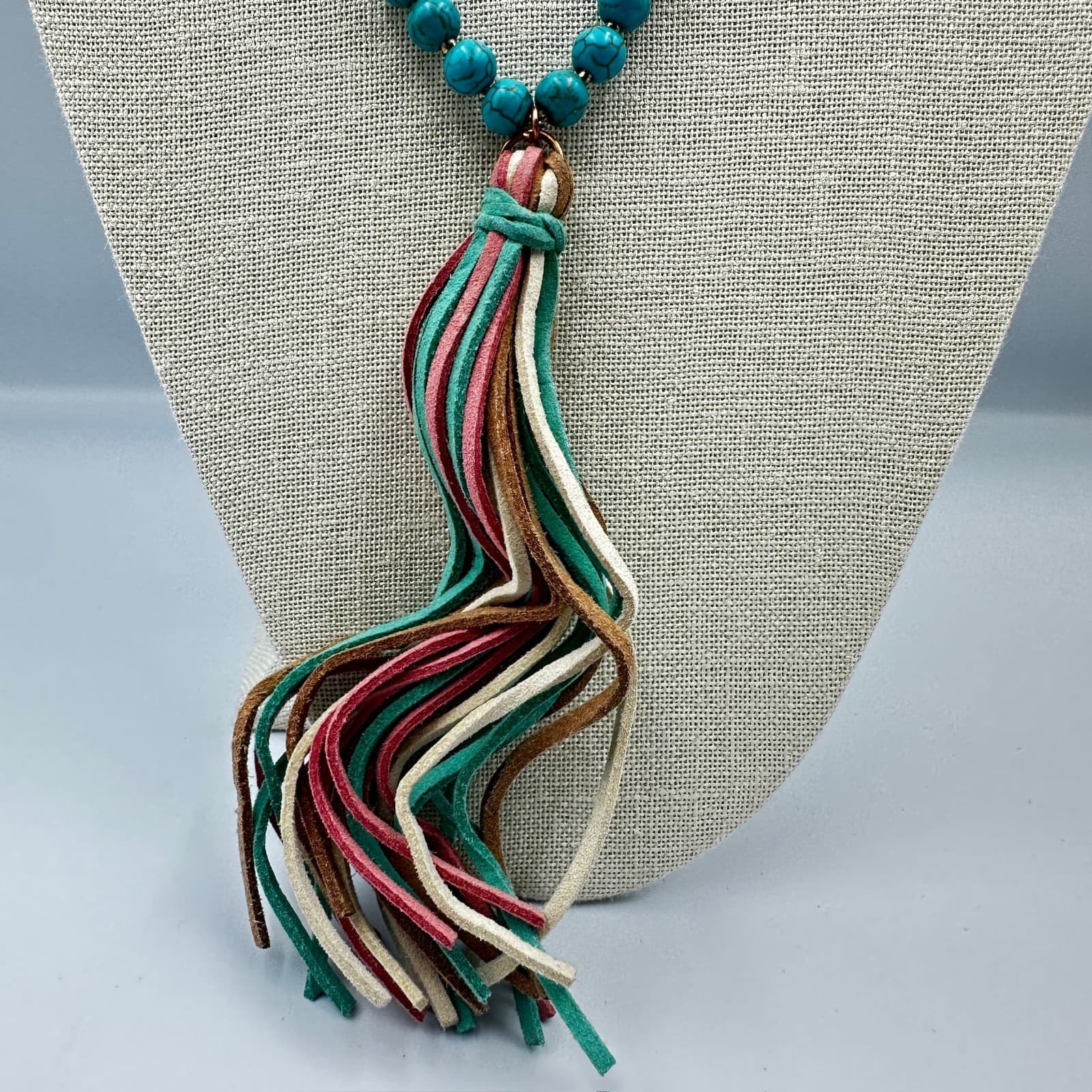 Turquoise Beaded Tassel Necklace Boho Western Festival Style - Thumbnail 5