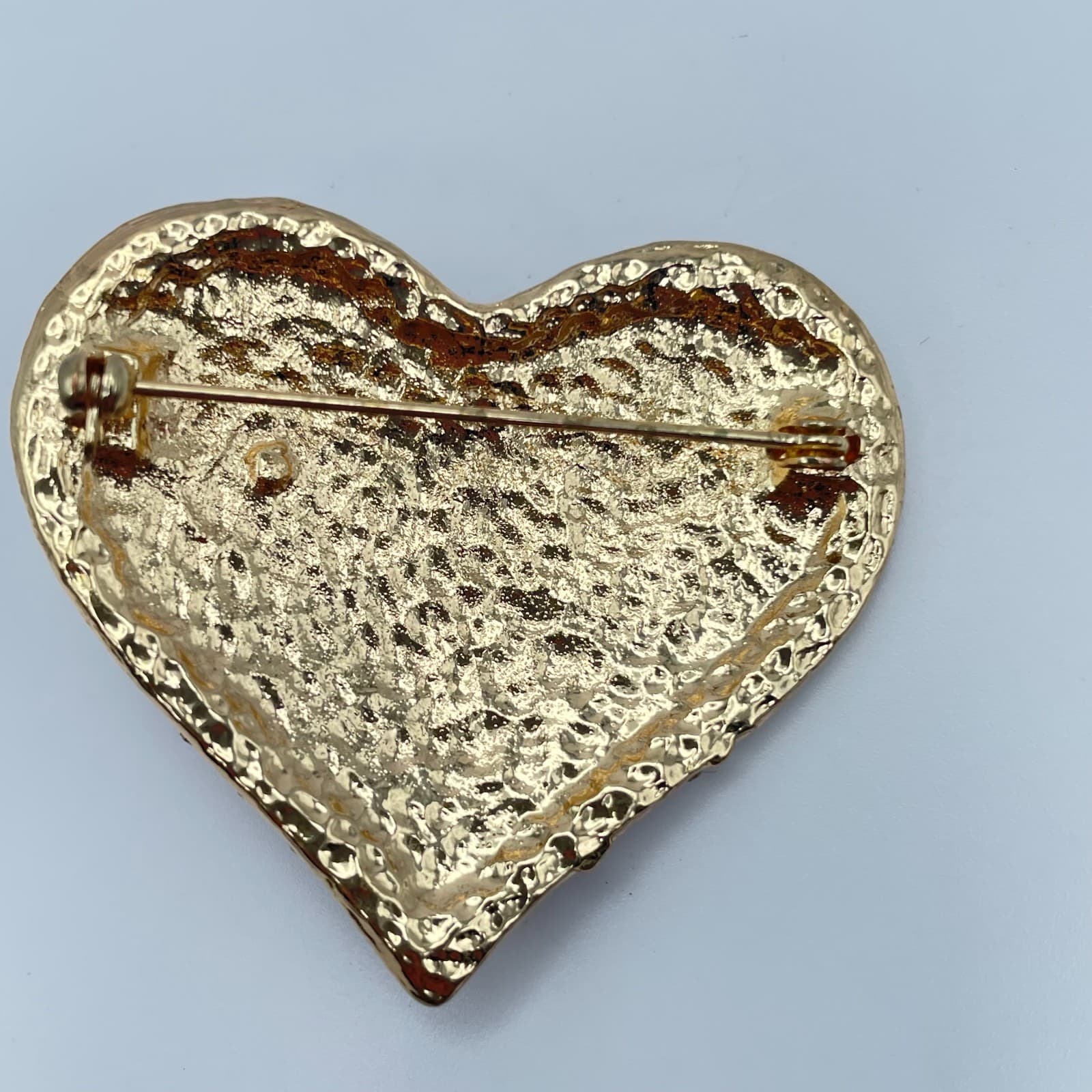 Vintage 90s Pink Enamel Heart Brooch Gold Tone Glass Trembler Pin Statement - Thumbnail 8