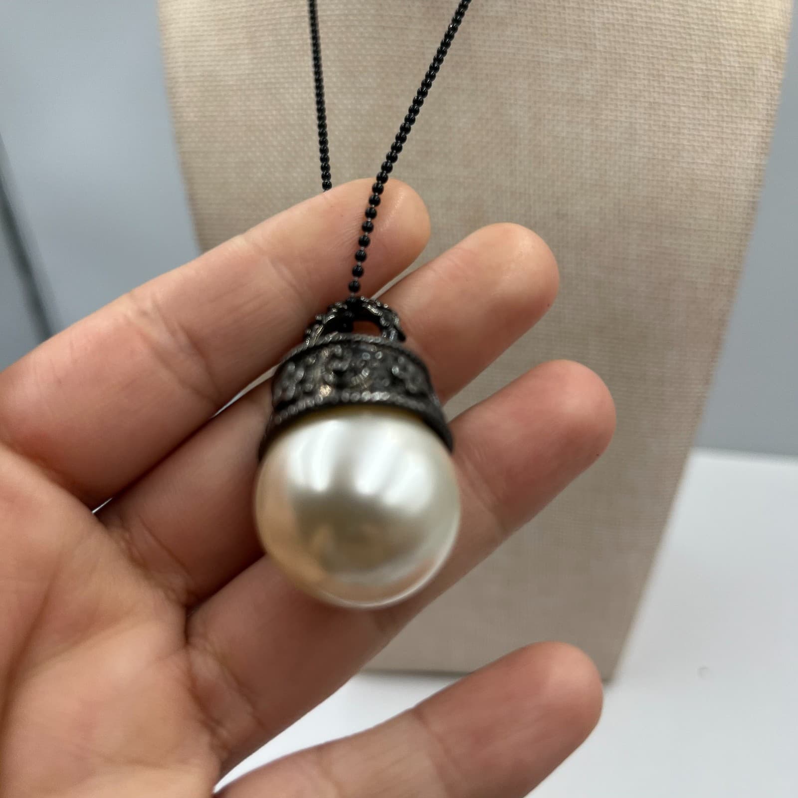 Vintage Faux Pearl Pendant Necklace Black Ball Chain Ornate Filigree Cap Large - Thumbnail 3