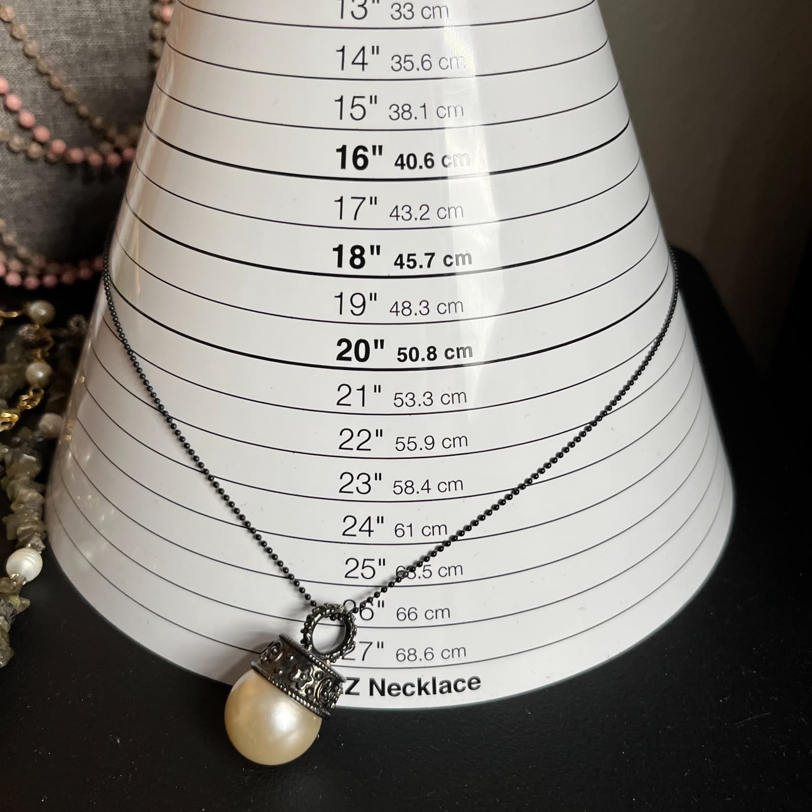 Vintage Faux Pearl Pendant Necklace Black Ball Chain Ornate Filigree Cap Large - Thumbnail 7