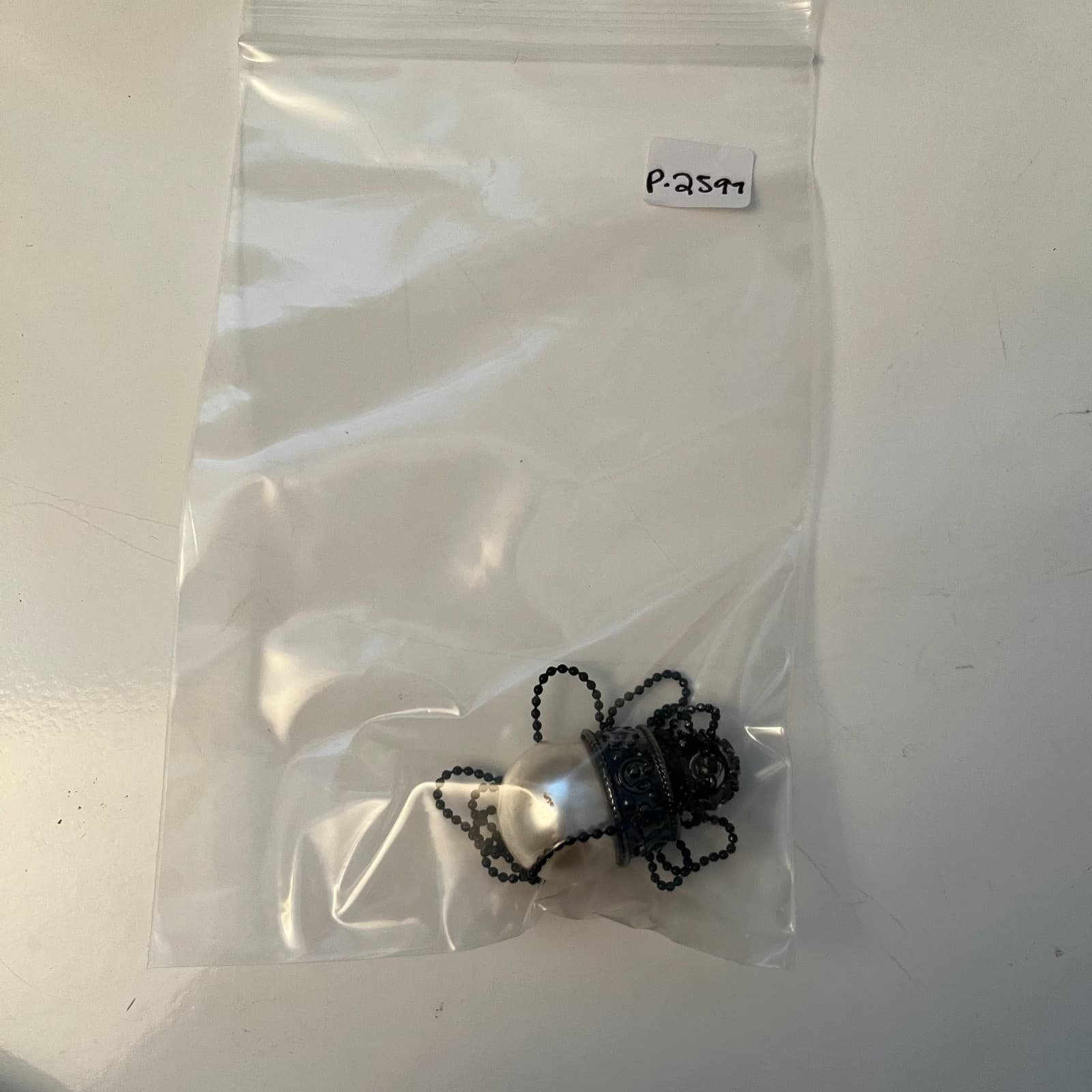 Vintage Faux Pearl Pendant Necklace Black Ball Chain Ornate Filigree Cap Large - Thumbnail 8