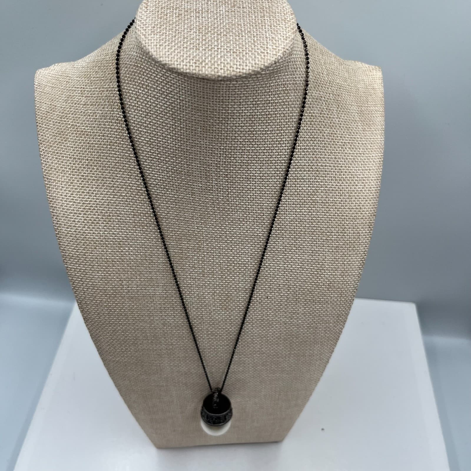 Vintage Faux Pearl Pendant Necklace Black Ball Chain Ornate Filigree Cap Large - Thumbnail 4