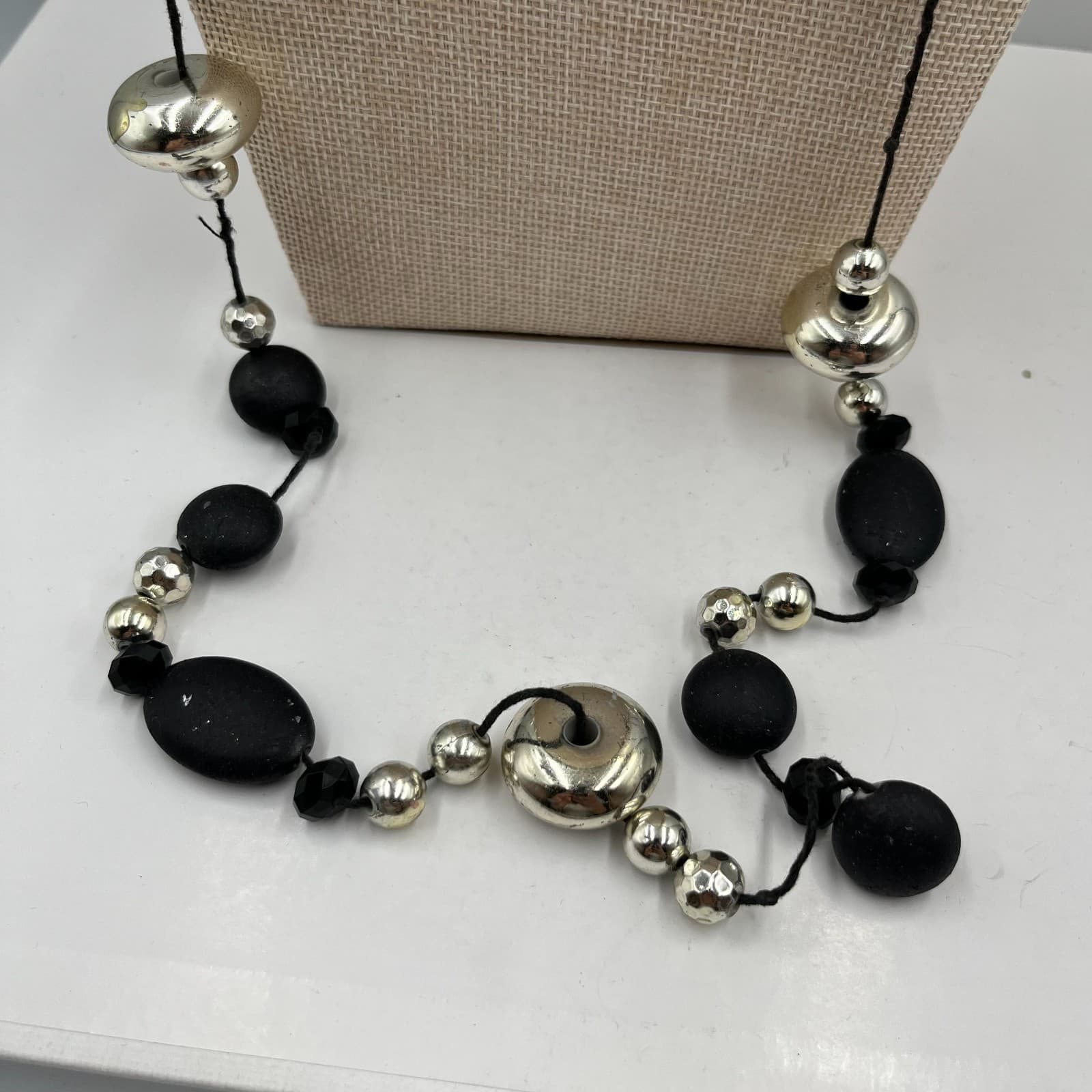 Vintage Black & Silver Tone Beaded Necklace Long Opera Length Flapper Art Deco - Thumbnail 5