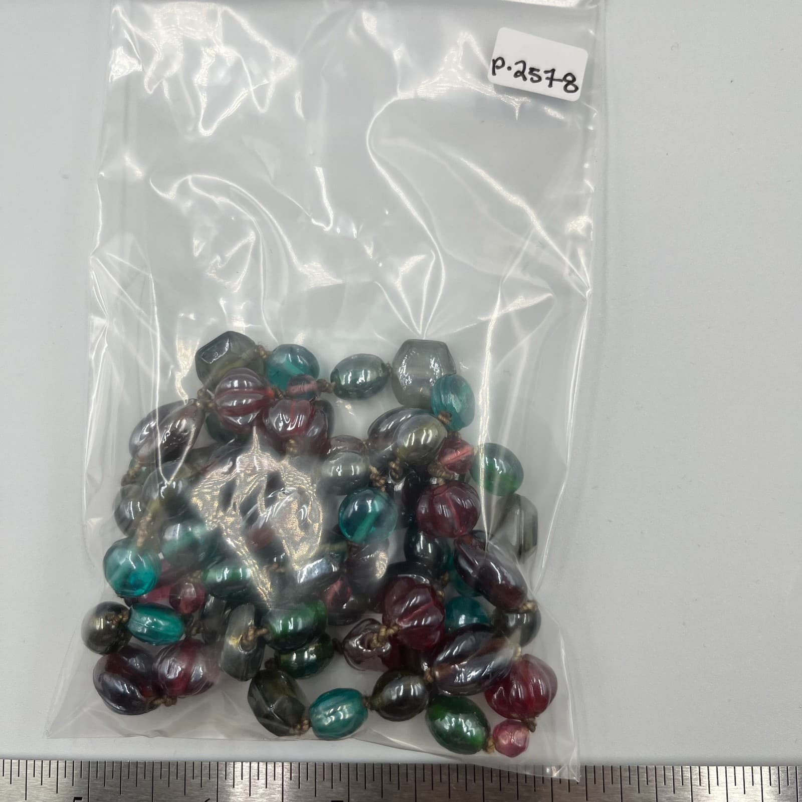 Vintage Multi Color Art Glass Bead Necklace Hand Knotted Fluted Square 30" Boho - Thumbnail 8