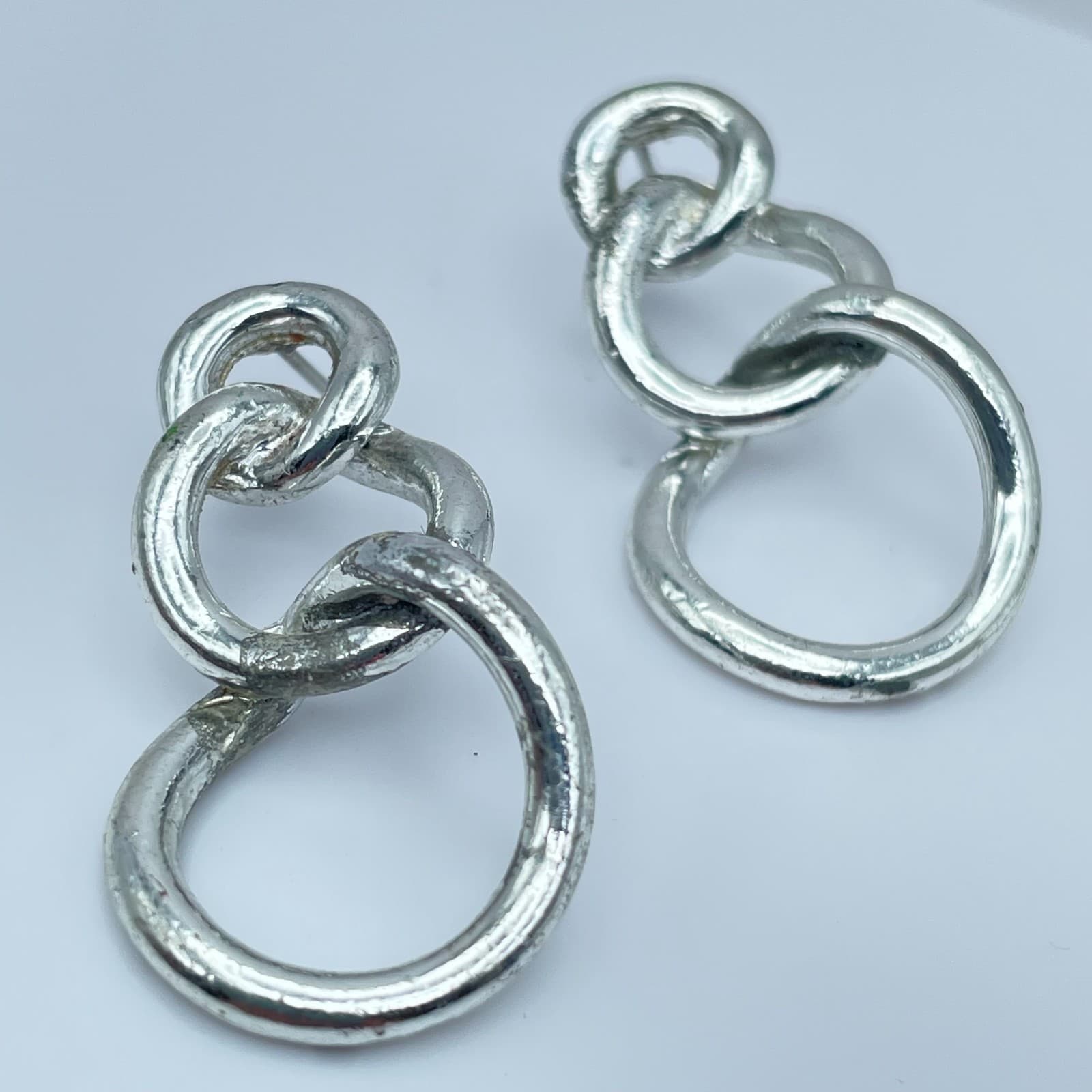 Vintage 90s Silver Tone Triple Graduated Hoop Drop Dangle Earrings Modernist - Image 1