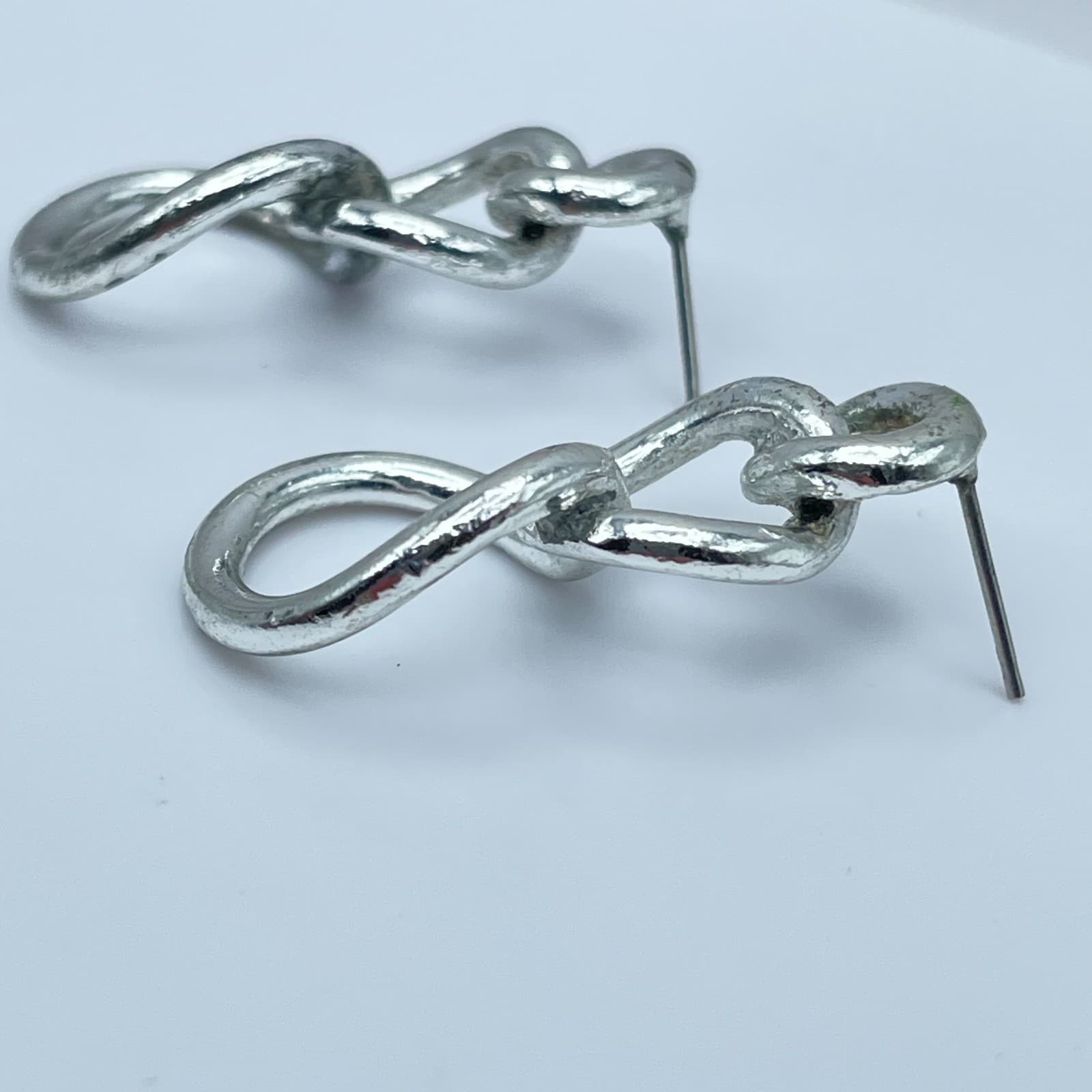 Vintage 90s Silver Tone Triple Graduated Hoop Drop Dangle Earrings Modernist - Thumbnail 5