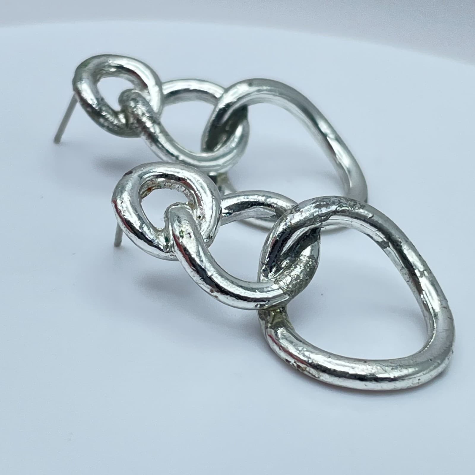 Vintage 90s Silver Tone Triple Graduated Hoop Drop Dangle Earrings Modernist - Thumbnail 7