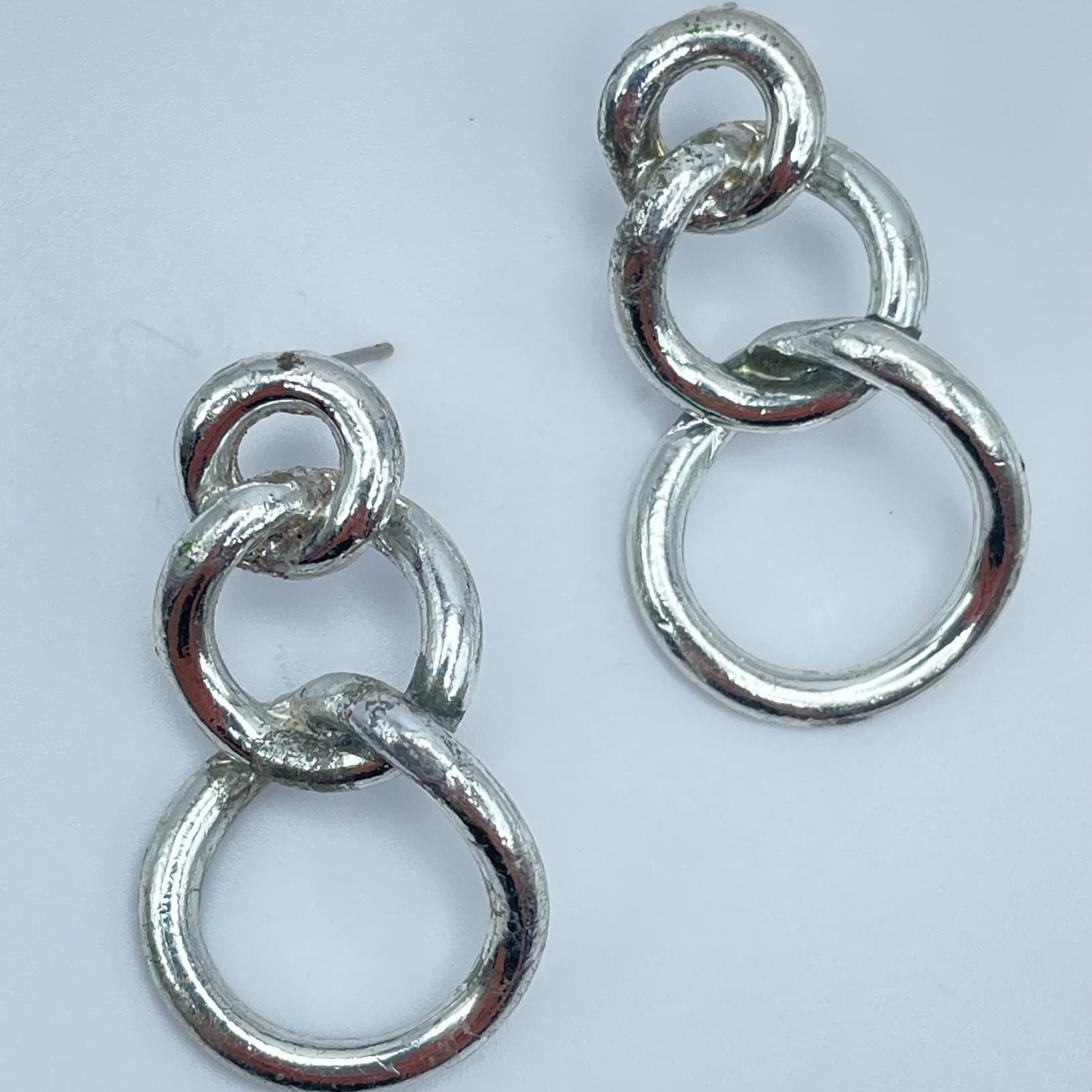 Vintage 90s Silver Tone Triple Graduated Hoop Drop Dangle Earrings Modernist - Thumbnail 4