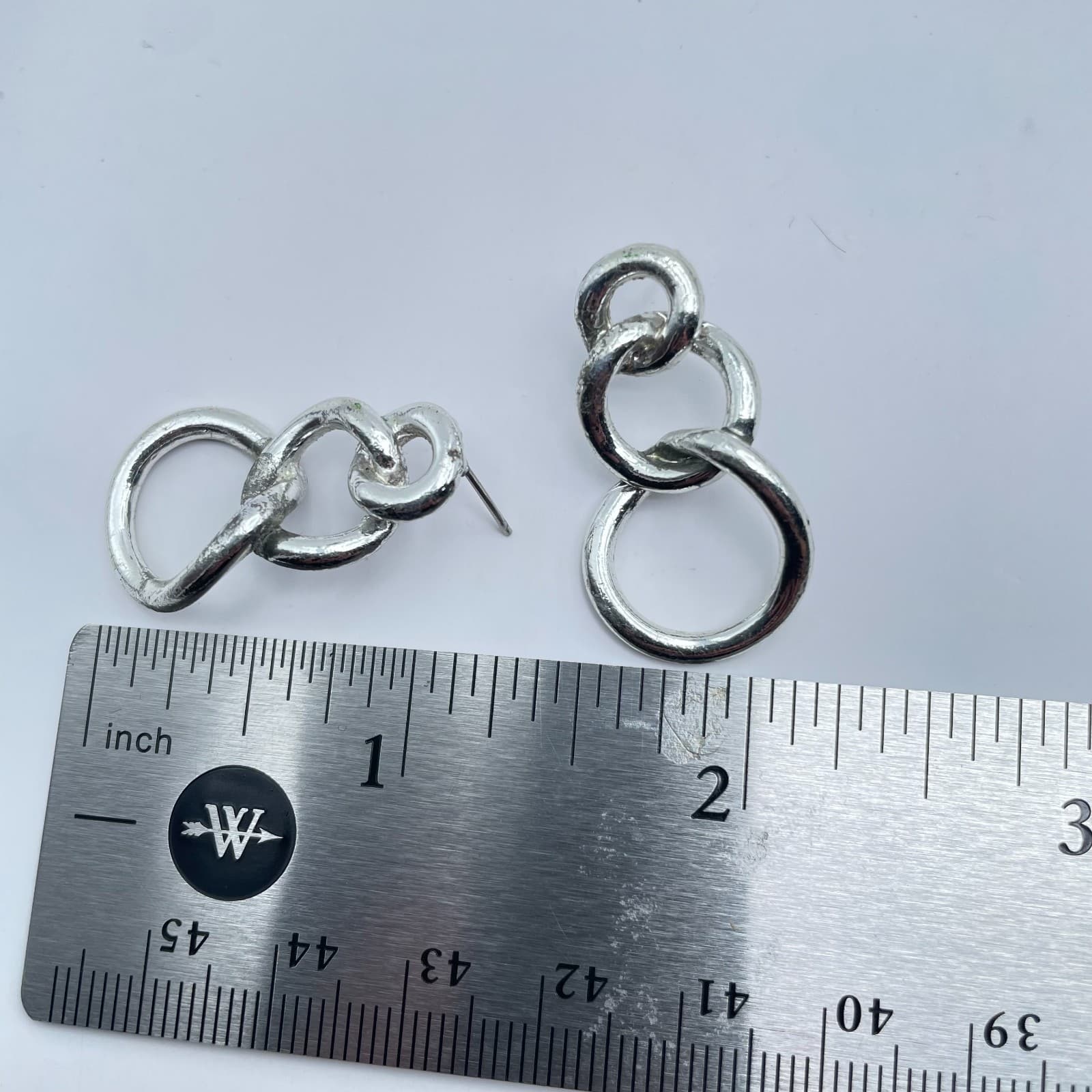 Vintage 90s Silver Tone Triple Graduated Hoop Drop Dangle Earrings Modernist - Thumbnail 9