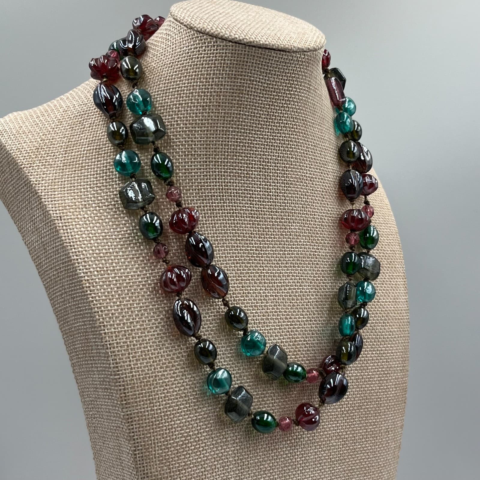 Vintage Multi Color Art Glass Bead Necklace Hand Knotted Fluted Square 30" Boho - Thumbnail 4