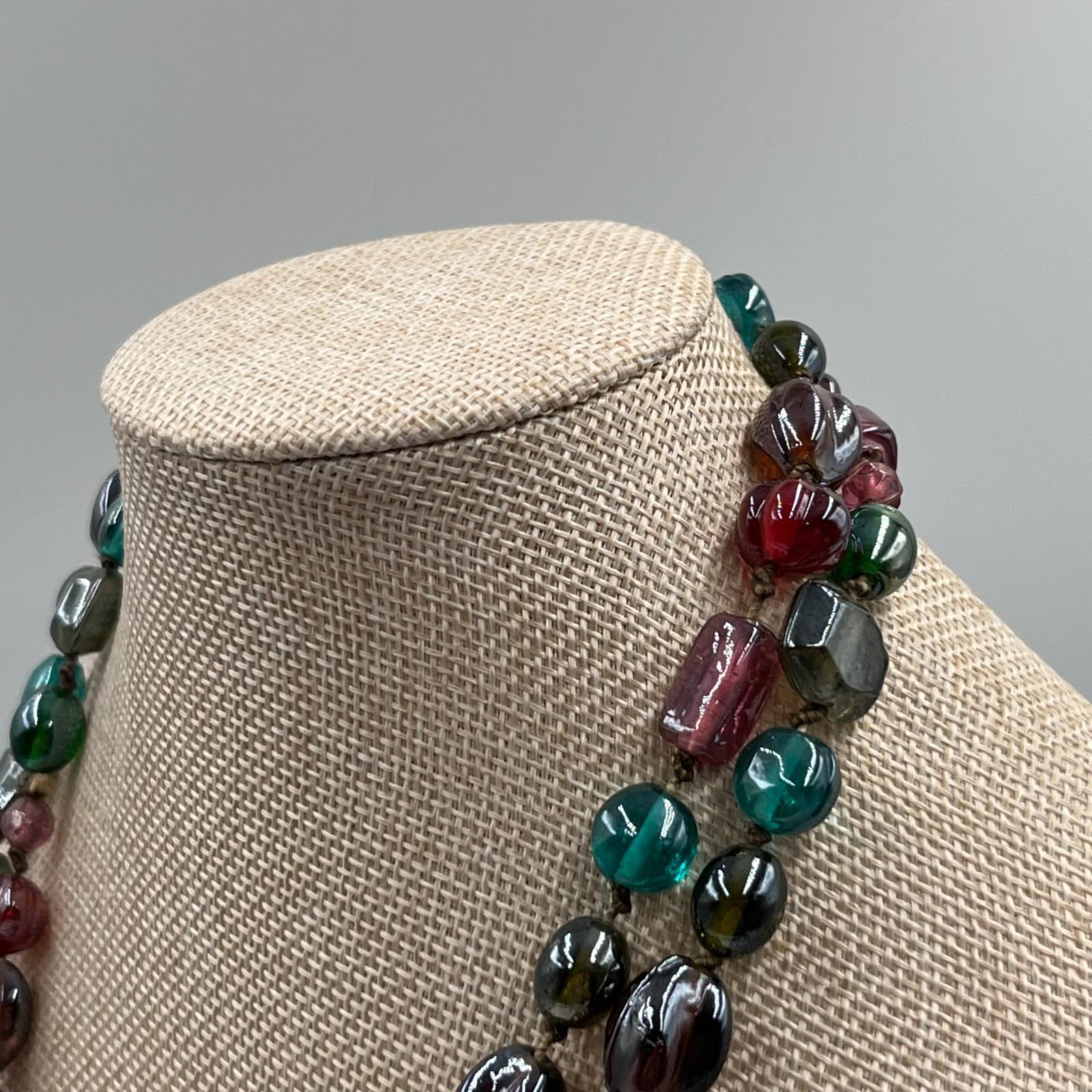 Vintage Multi Color Art Glass Bead Necklace Hand Knotted Fluted Square 30" Boho - Thumbnail 5