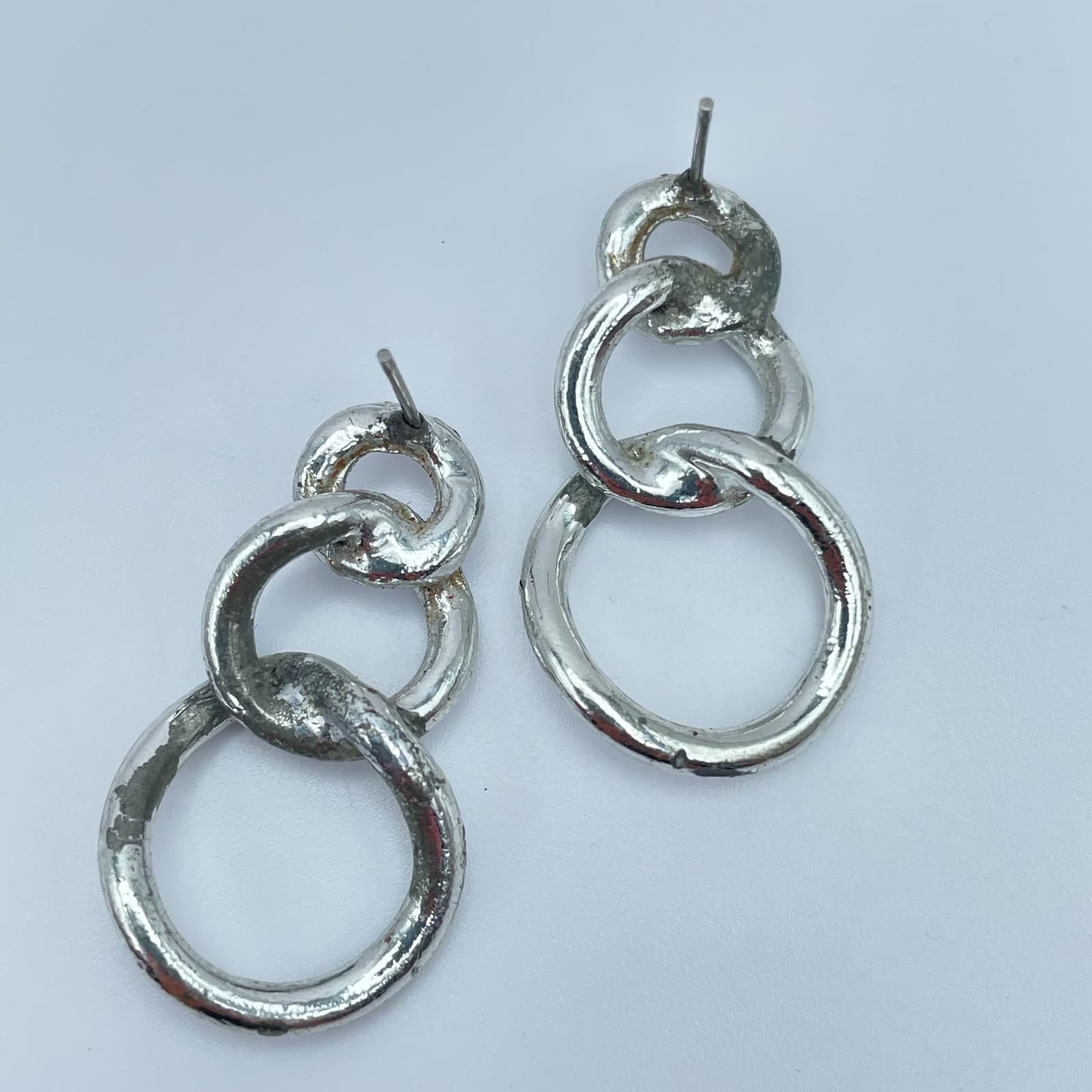 Vintage 90s Silver Tone Triple Graduated Hoop Drop Dangle Earrings Modernist - Thumbnail 3