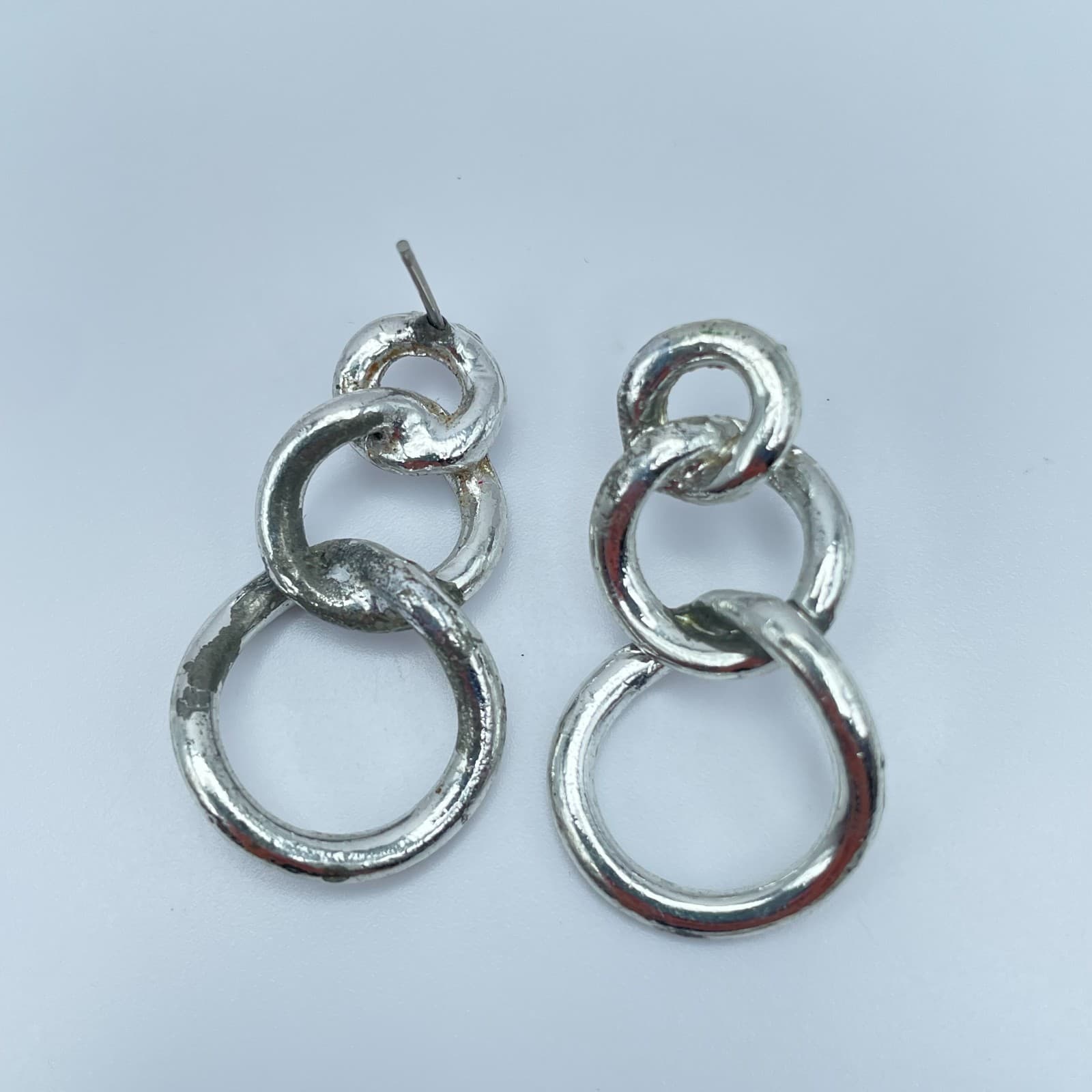 Vintage 90s Silver Tone Triple Graduated Hoop Drop Dangle Earrings Modernist - Thumbnail 2