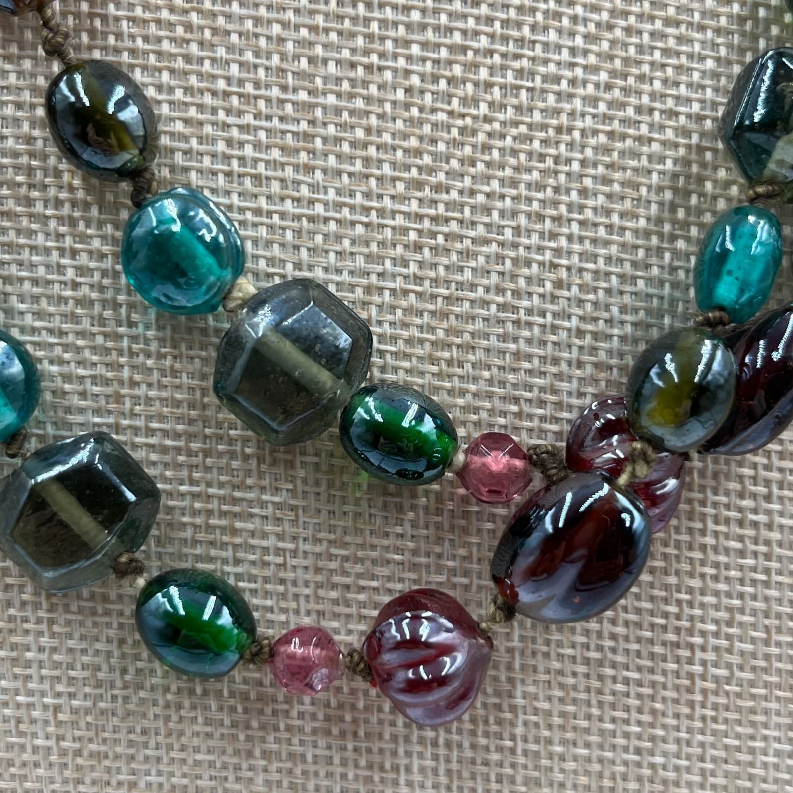 Vintage Multi Color Art Glass Bead Necklace Hand Knotted Fluted Square 30" Boho - Thumbnail 3