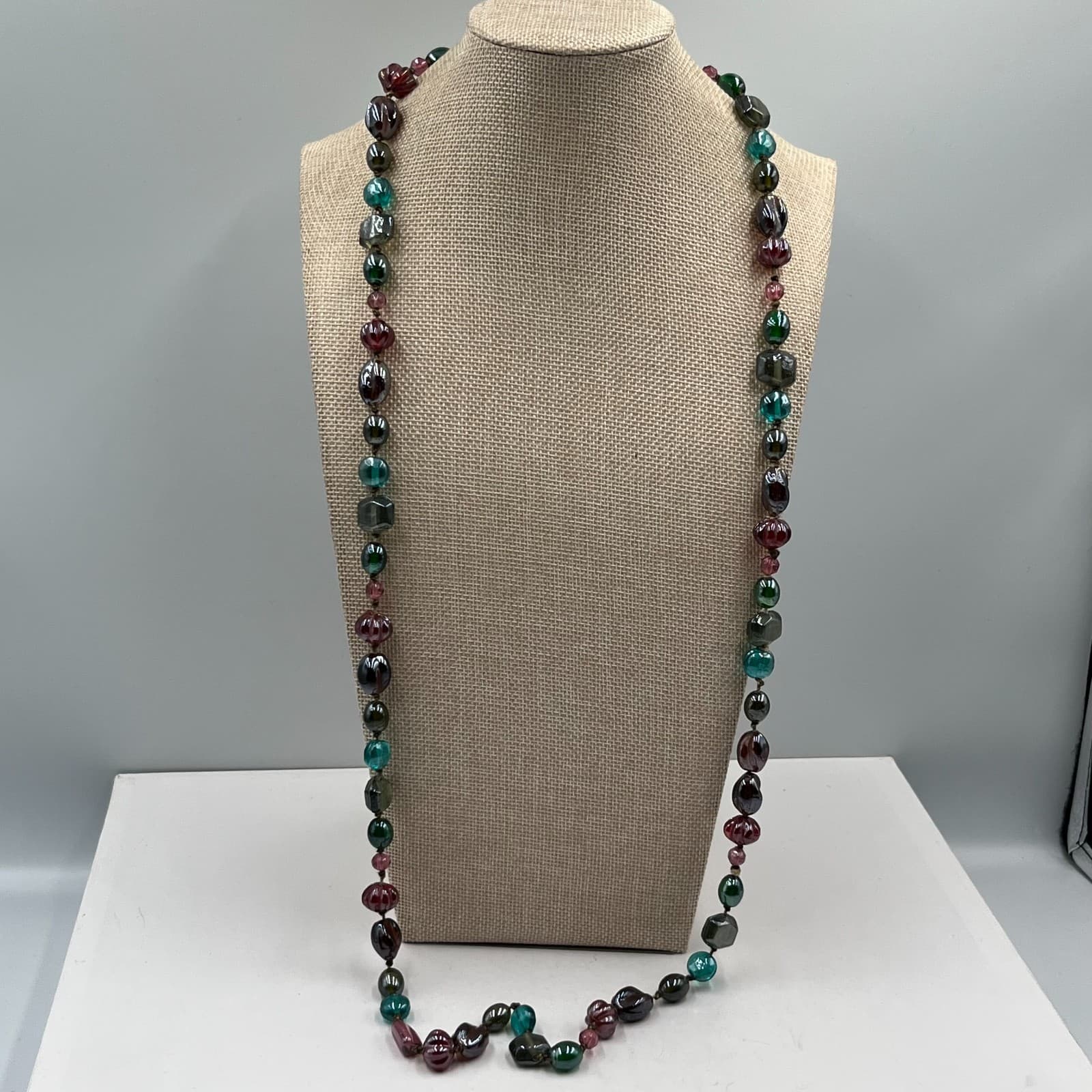 Vintage Multi Color Art Glass Bead Necklace Hand Knotted Fluted Square 30" Boho - Thumbnail 6