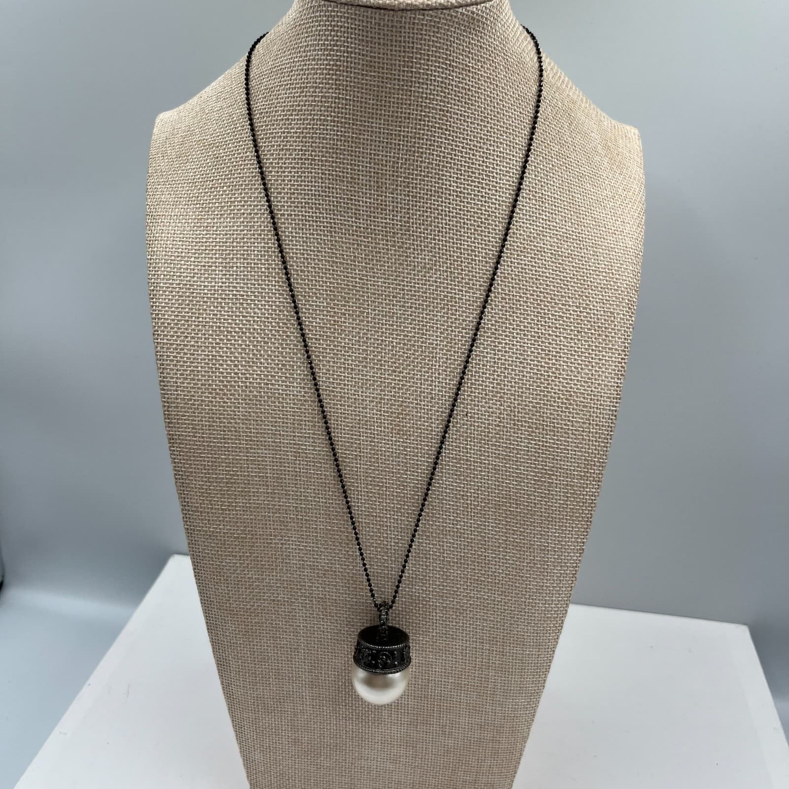 Vintage Faux Pearl Pendant Necklace Black Ball Chain Ornate Filigree Cap Large - Image 1