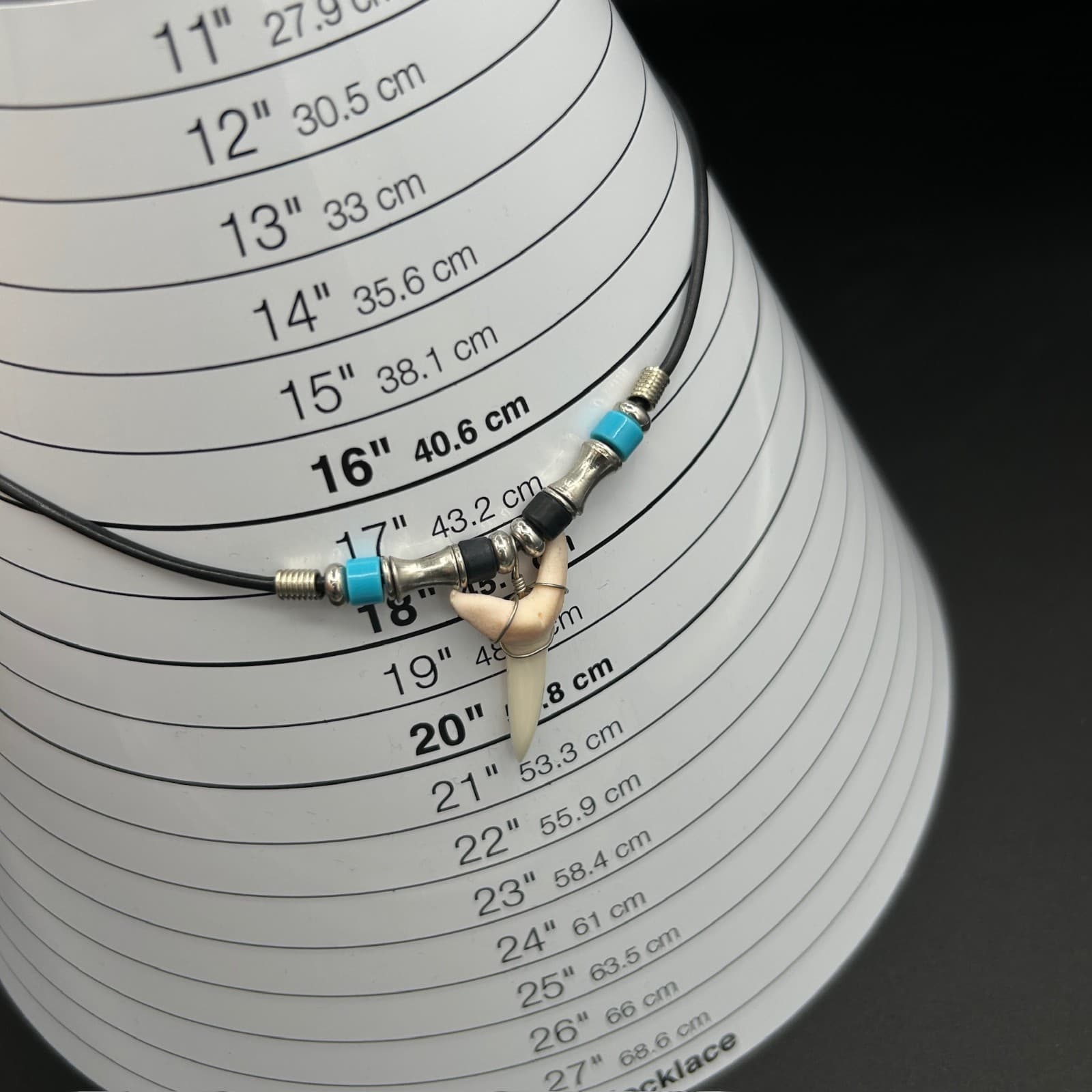 Vintage Tribal Faux Tooth Pendant Necklace Turquoise Beads Leather Cord 17in - Thumbnail 2