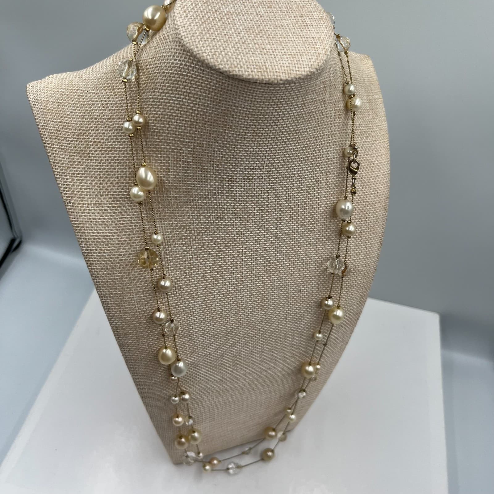 Vintage Pearl & Faceted Glass Bead Station Necklace Long Gold Tone Tin Cup 36" - Thumbnail 5