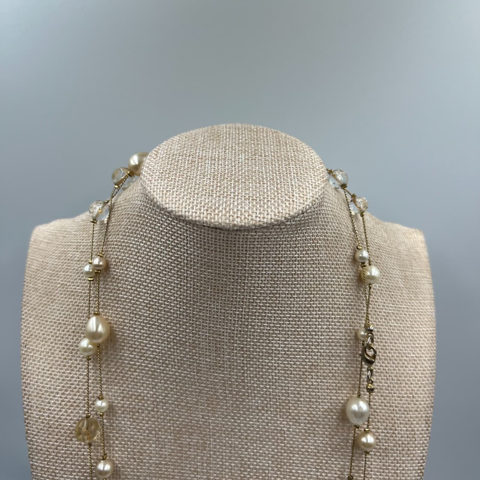 Vintage Pearl & Faceted Glass Bead Station Necklace Long Gold Tone Tin Cup 36" - Thumbnail 2