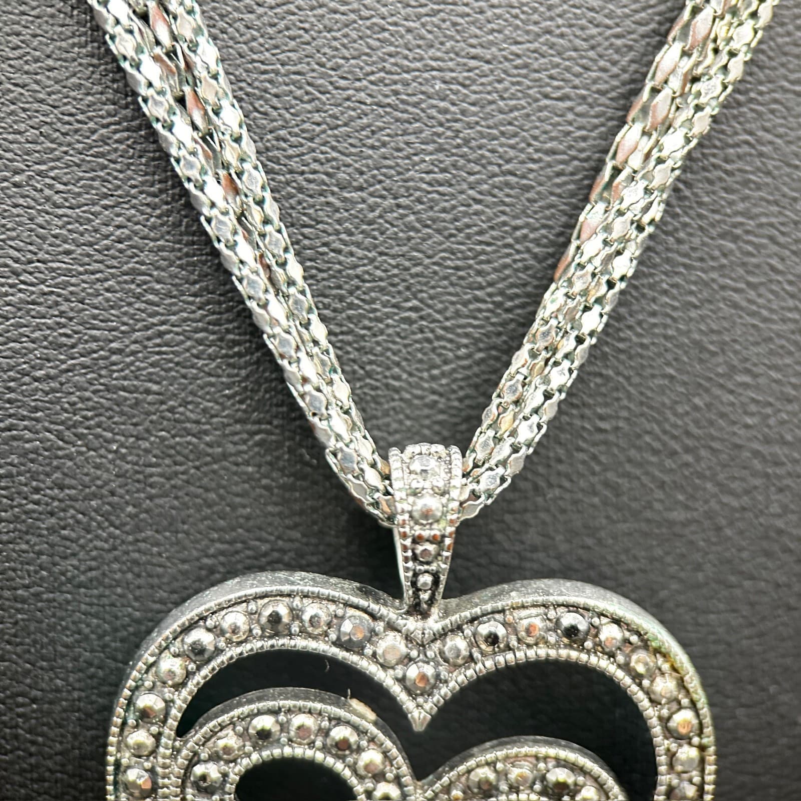 Vintage Silver Heart Pendant Necklace Multi-Strand Rhinestone 19" - Thumbnail 4