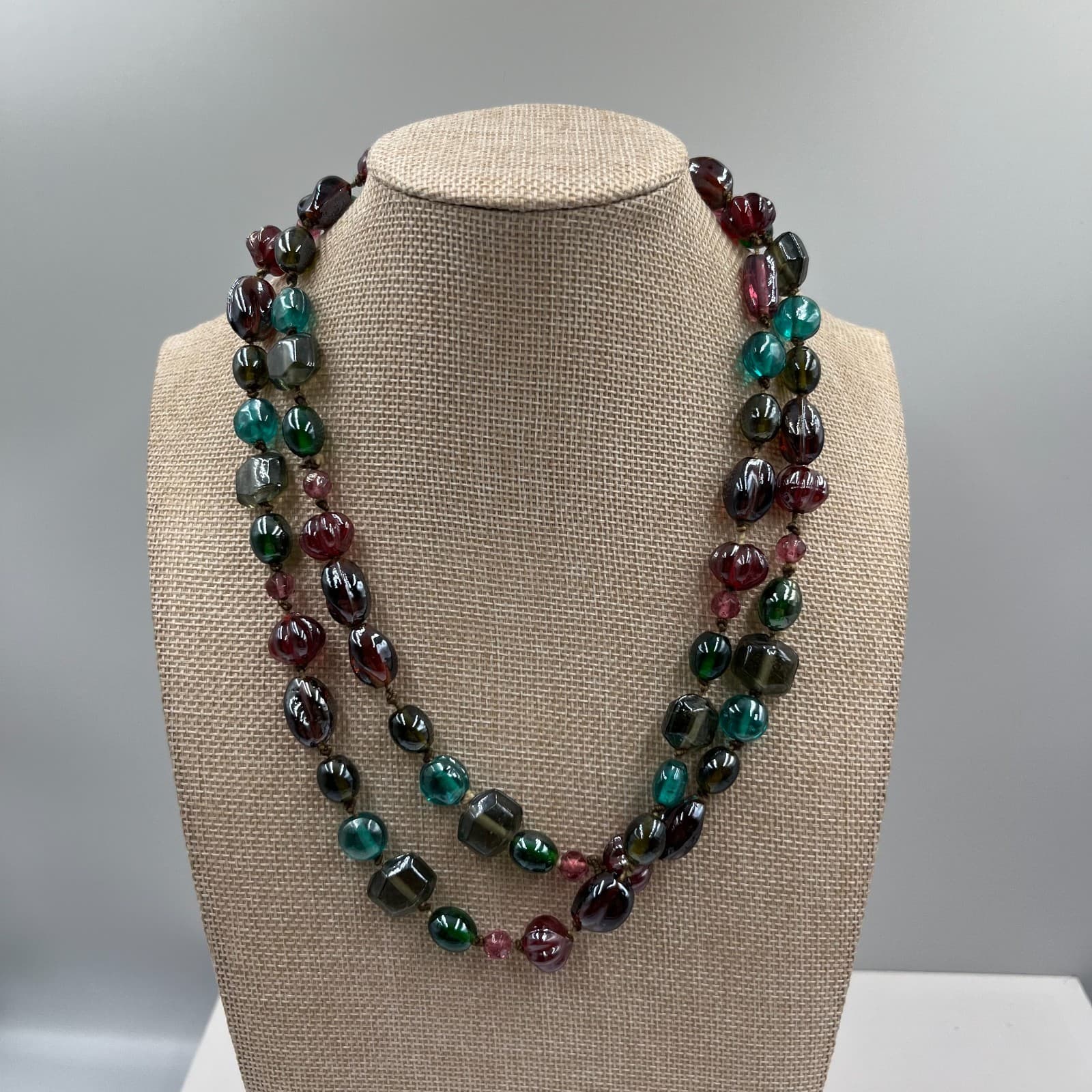 Vintage Multi Color Art Glass Bead Necklace Hand Knotted Fluted Square 30" Boho - Image 1