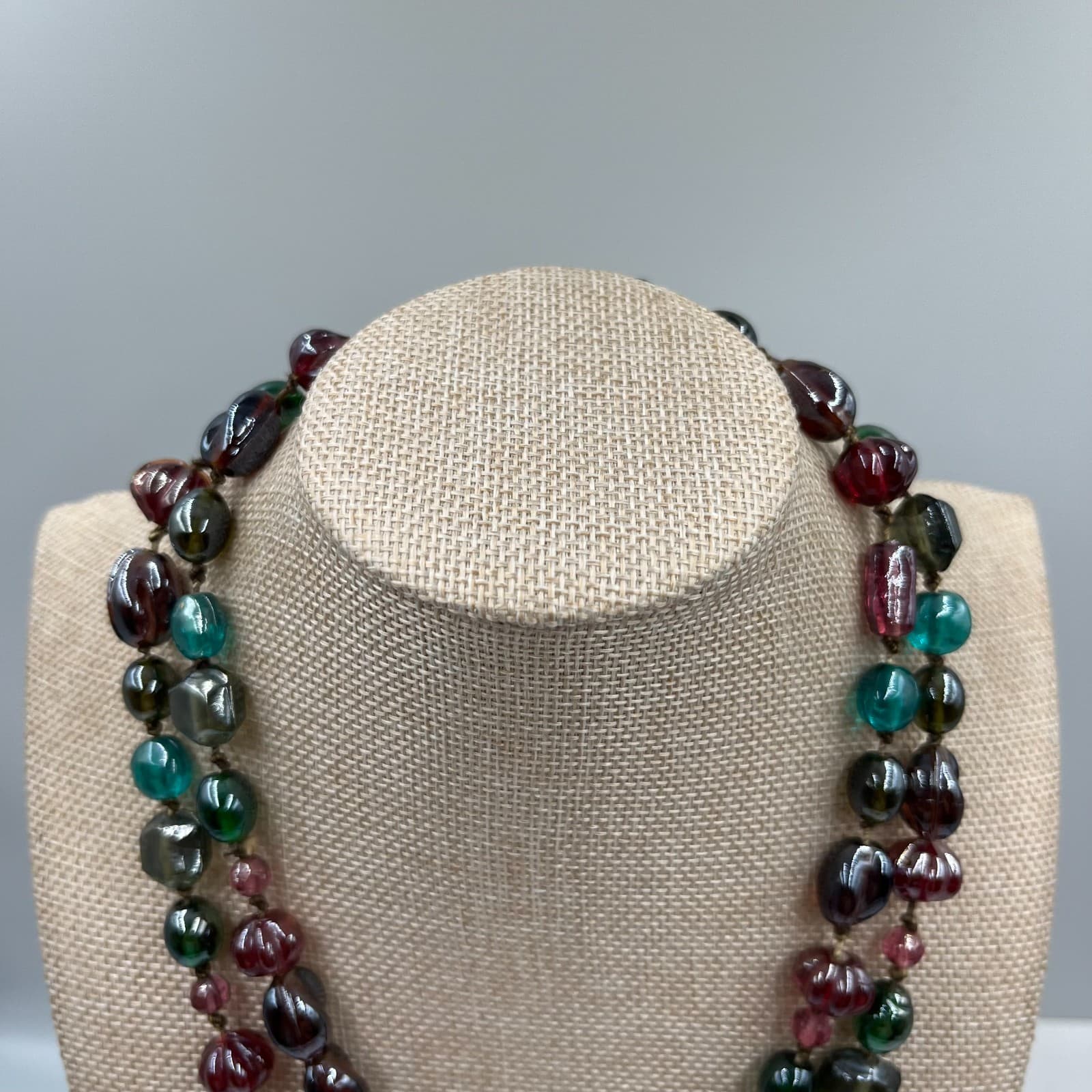 Vintage Multi Color Art Glass Bead Necklace Hand Knotted Fluted Square 30" Boho - Thumbnail 2