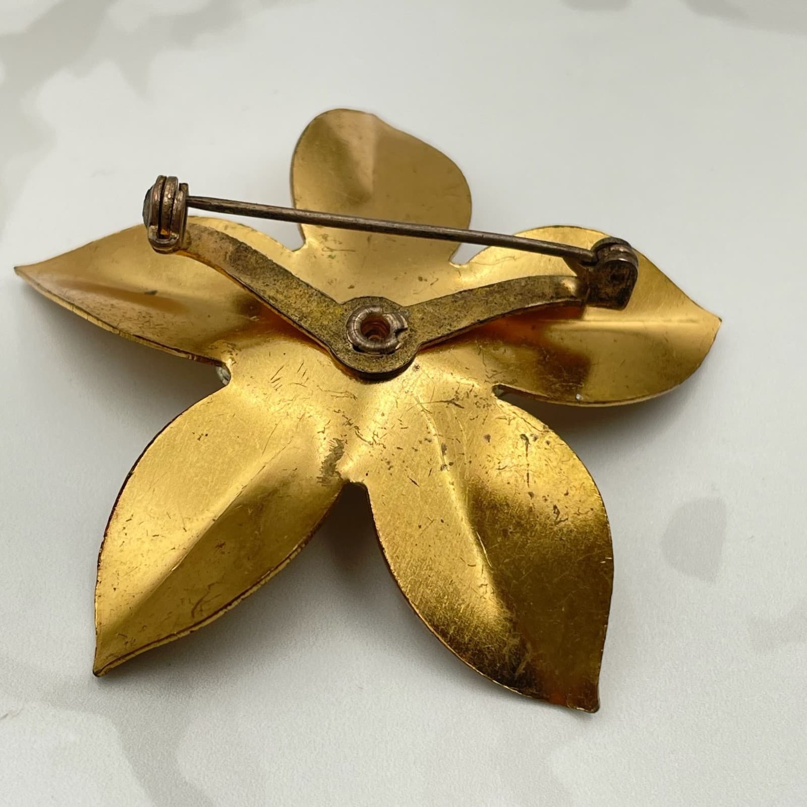 Vintage VTG Gold Tone Brooch Brush Finish Flower Fuchsia Pink Aurora Borealis - Thumbnail 11