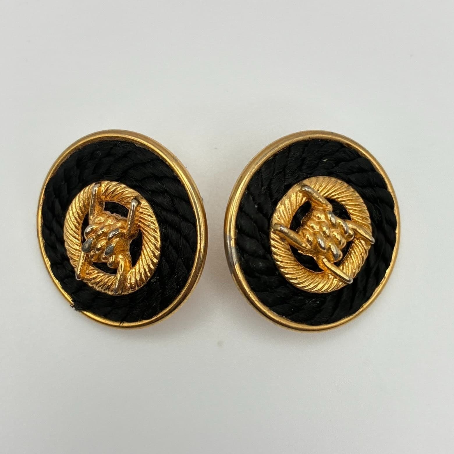 Vintage 80s Black Rope Gold Tone Round Button Stud Earrings Nautical Jewelry - Image 1