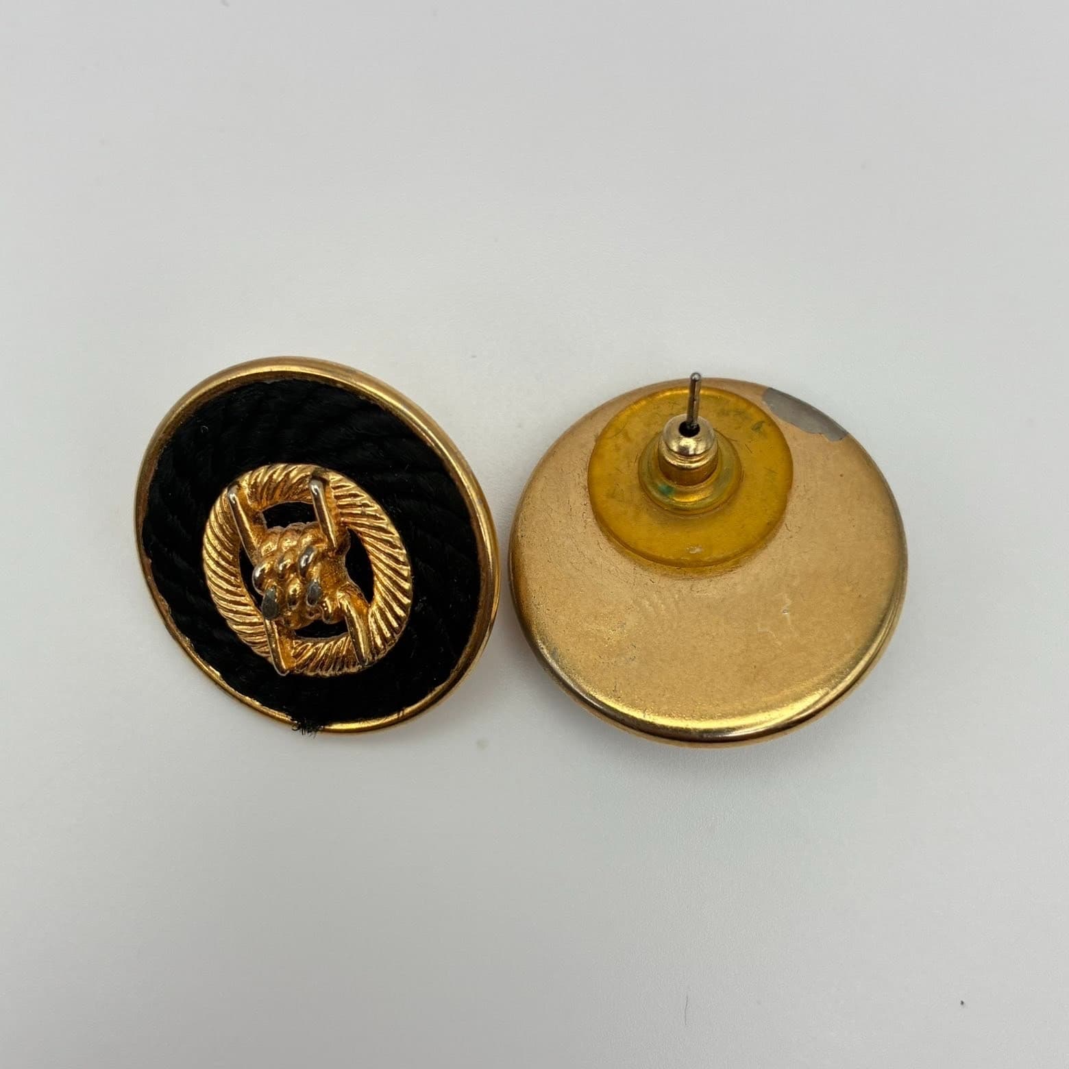 Vintage 80s Black Rope Gold Tone Round Button Stud Earrings Nautical Jewelry - Thumbnail 3