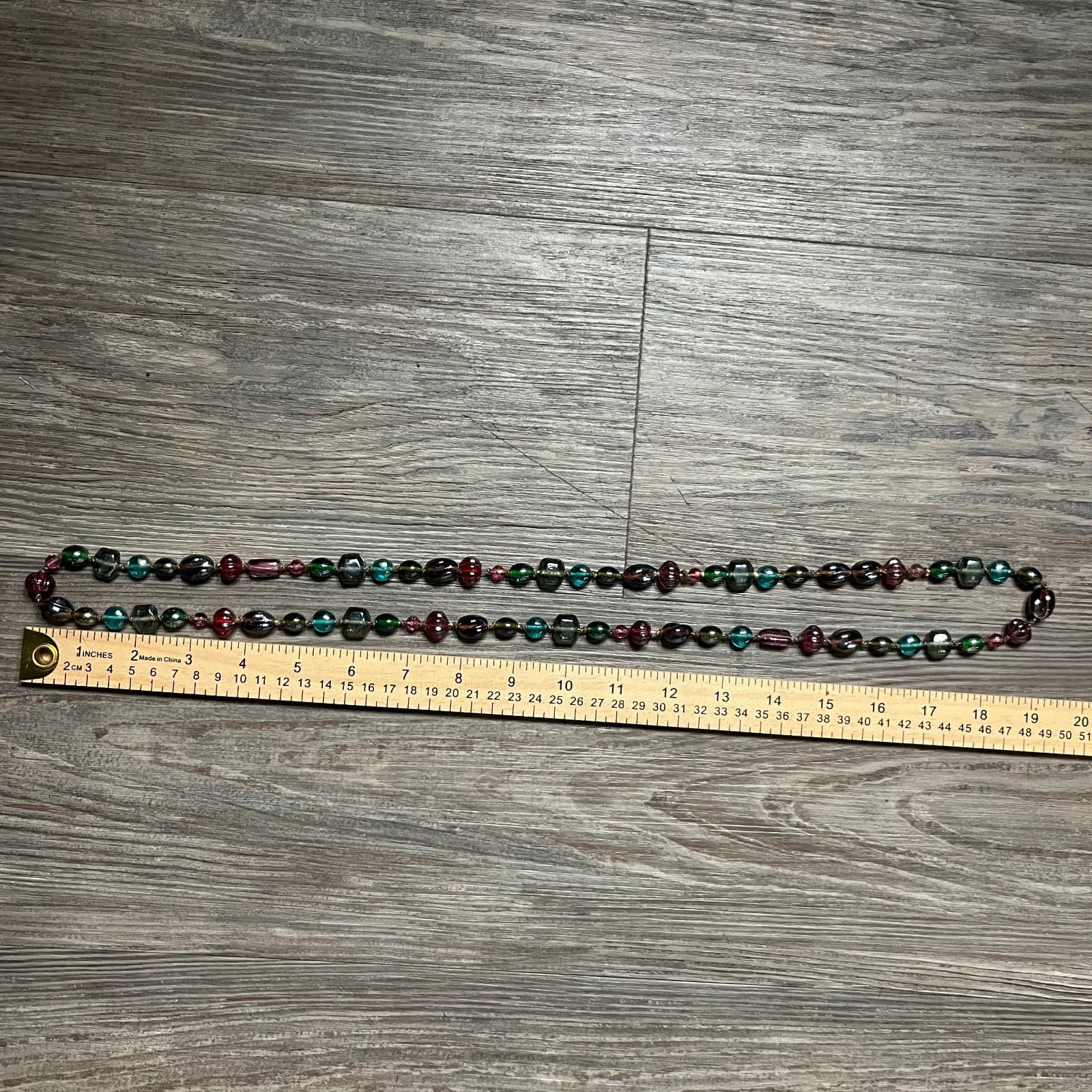 Vintage Multi Color Art Glass Bead Necklace Hand Knotted Fluted Square 30" Boho - Thumbnail 7