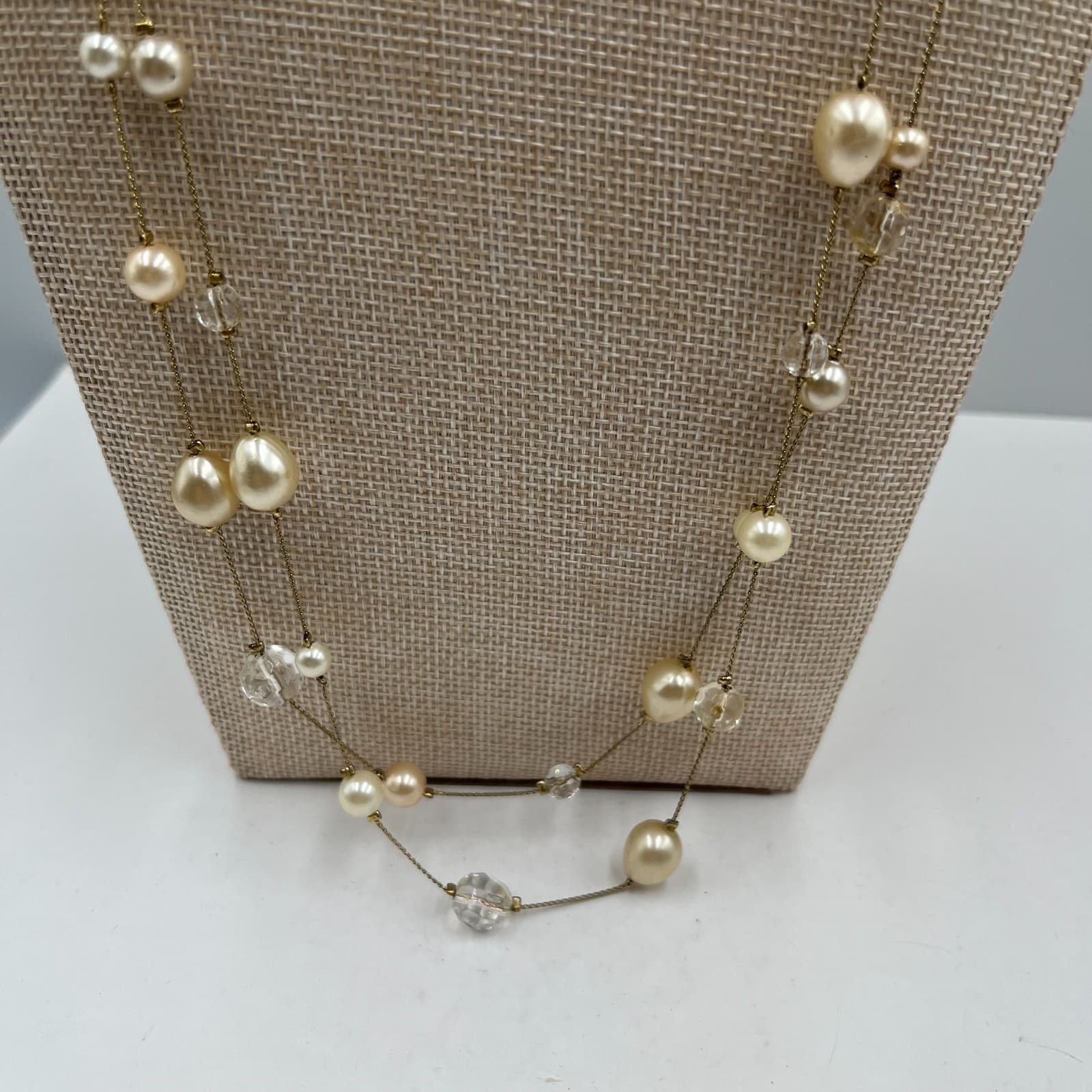 Vintage Pearl & Faceted Glass Bead Station Necklace Long Gold Tone Tin Cup 36" - Thumbnail 3