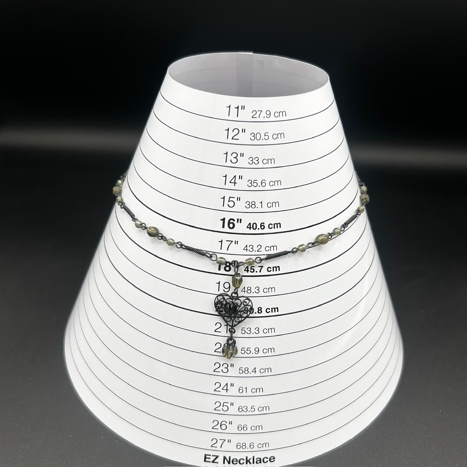 Vintage Black Filigree Heart Pendant Necklace Green Beads 17in - Thumbnail 2