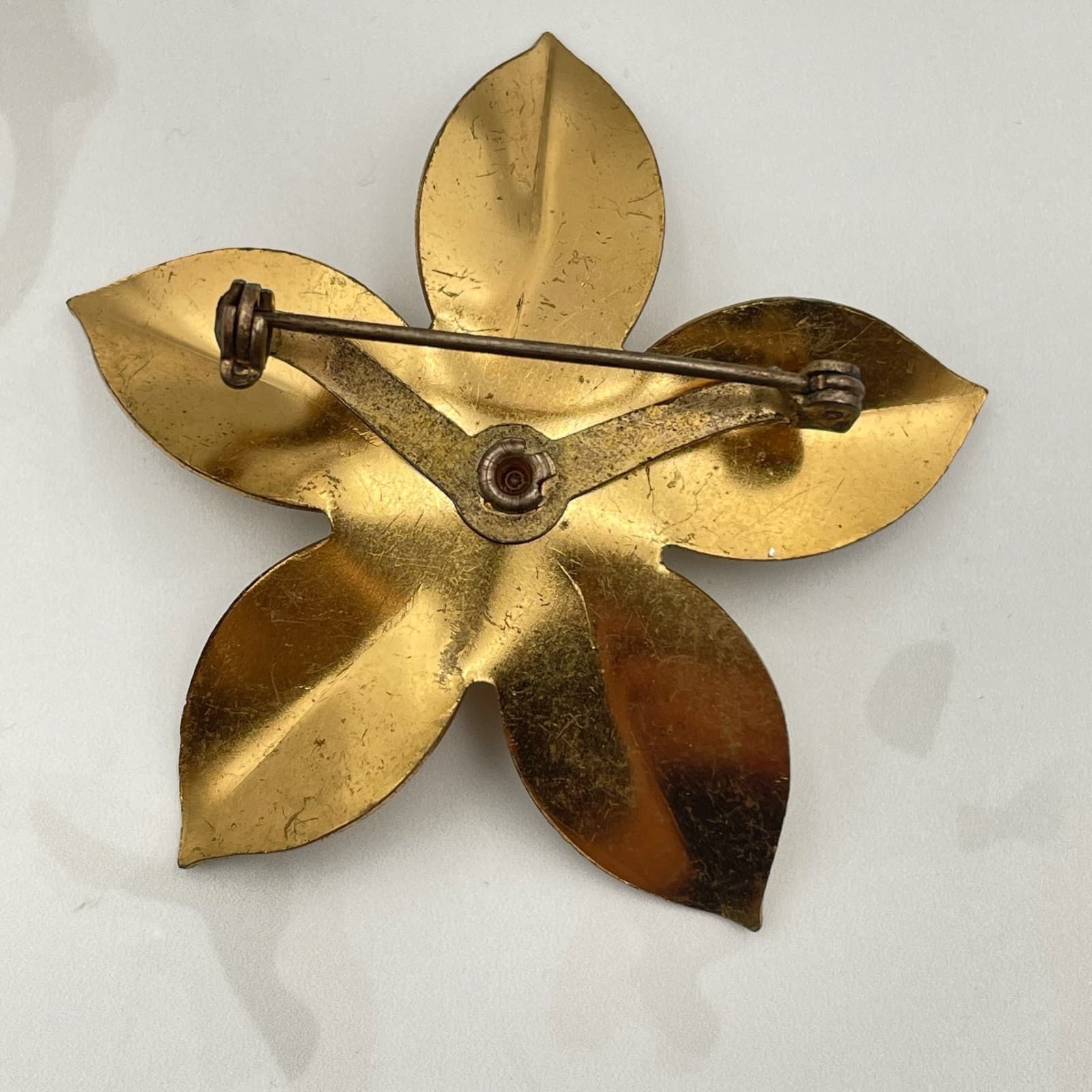 Vintage VTG Gold Tone Brooch Brush Finish Flower Fuchsia Pink Aurora Borealis - Thumbnail 12