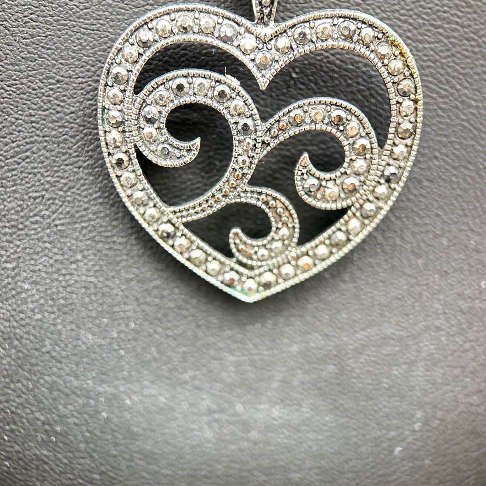 Vintage Silver Heart Pendant Necklace Multi-Strand Rhinestone 19" - Thumbnail 3