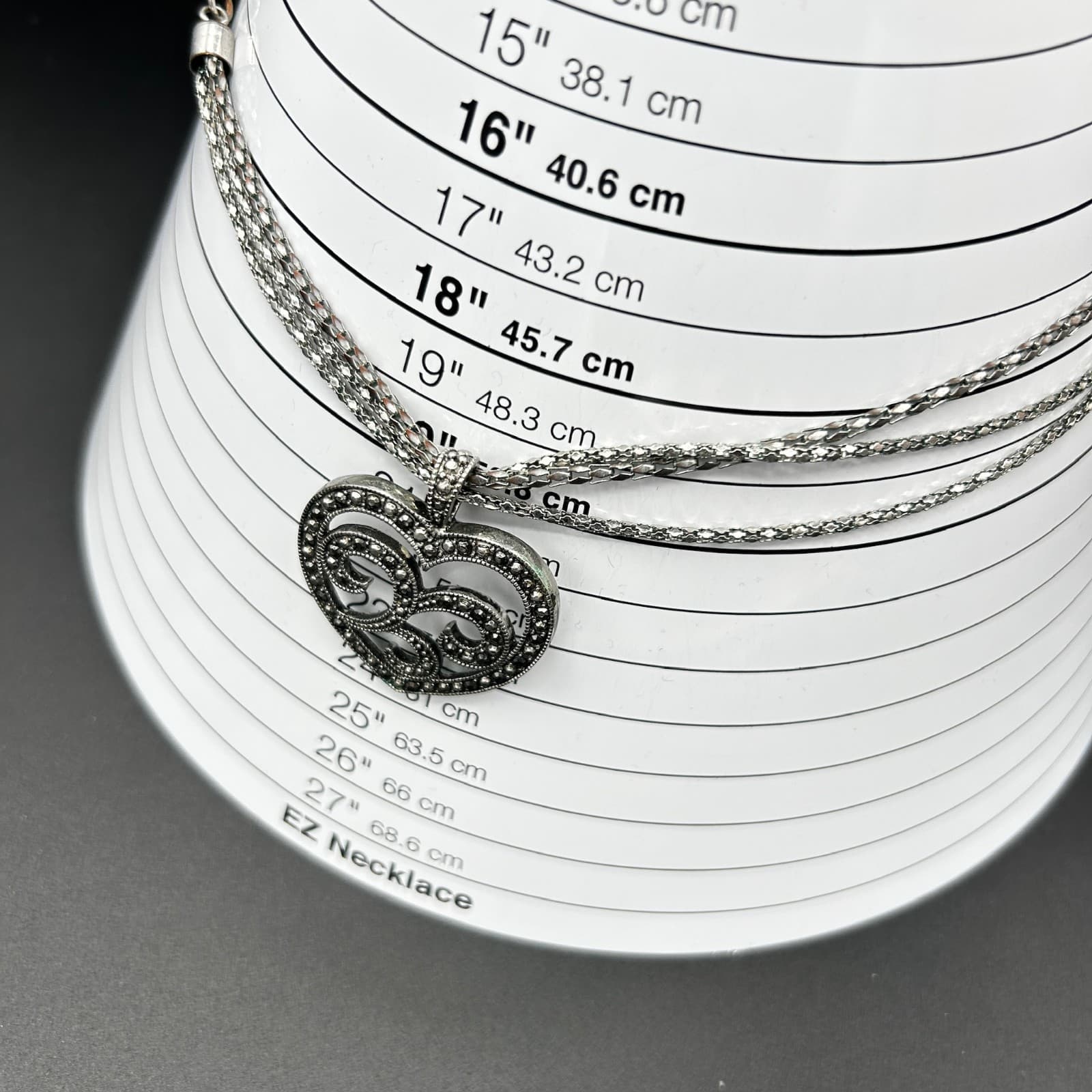 Vintage Silver Heart Pendant Necklace Multi-Strand Rhinestone 19" - Thumbnail 2