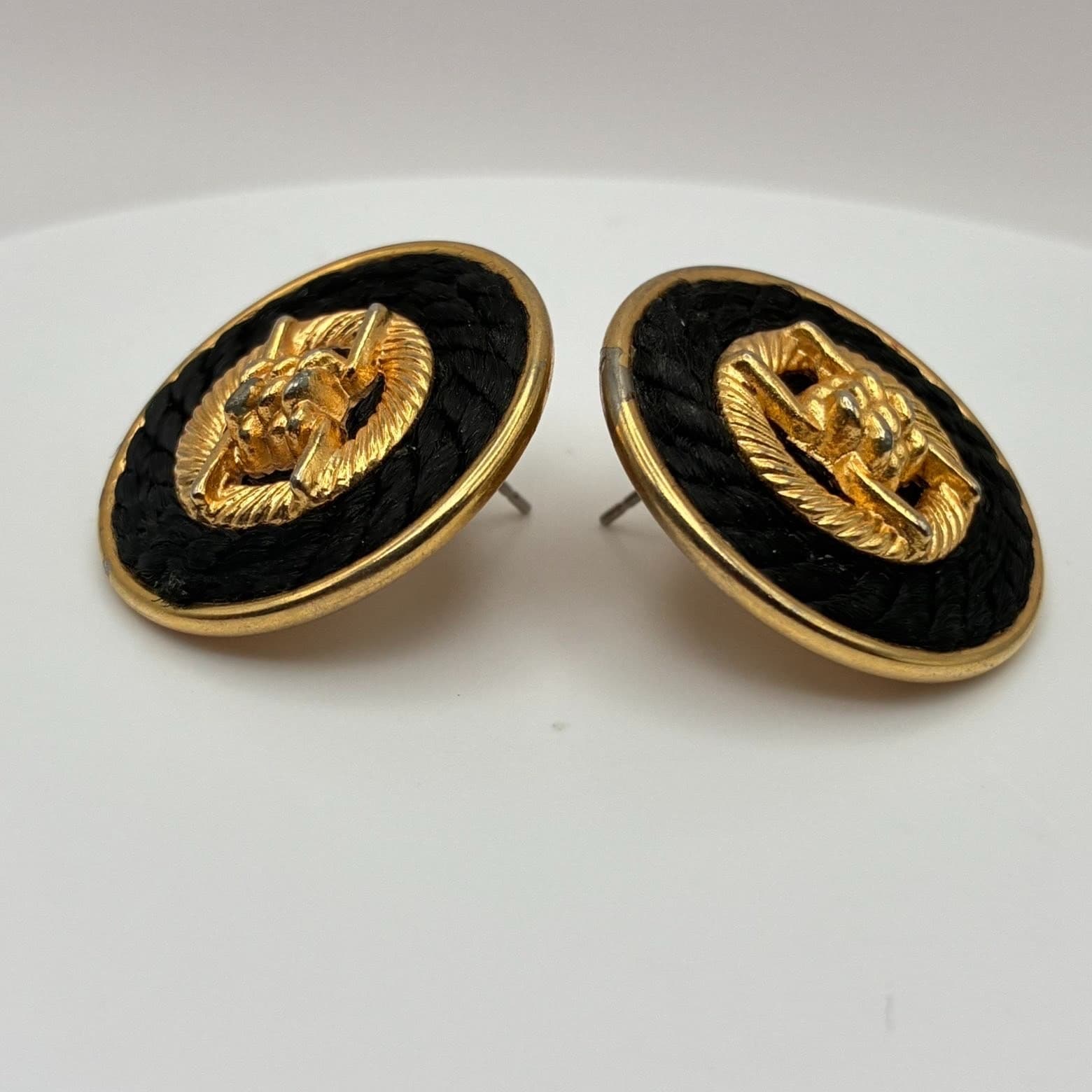 Vintage 80s Black Rope Gold Tone Round Button Stud Earrings Nautical Jewelry - Thumbnail 4
