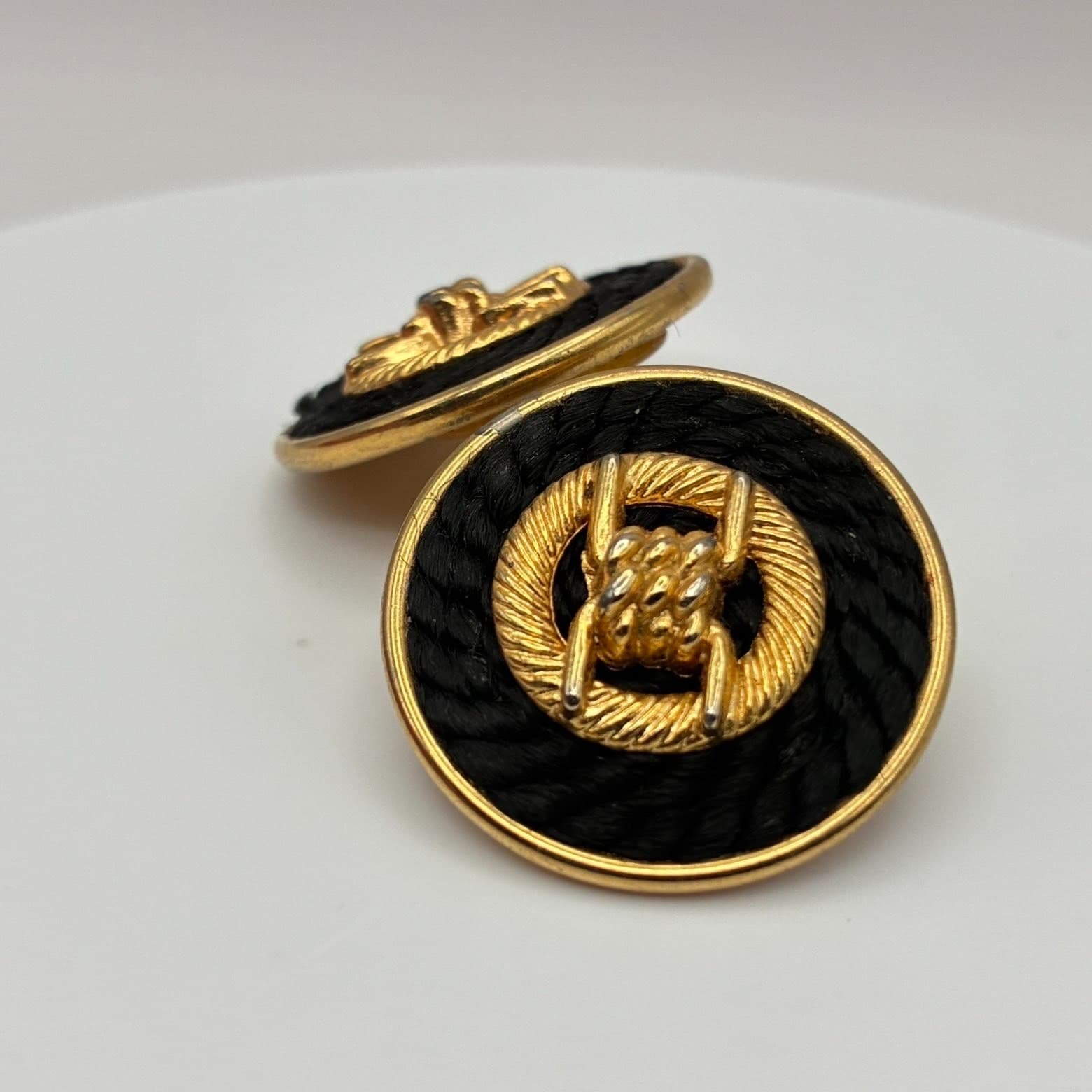 Vintage 80s Black Rope Gold Tone Round Button Stud Earrings Nautical Jewelry - Thumbnail 7
