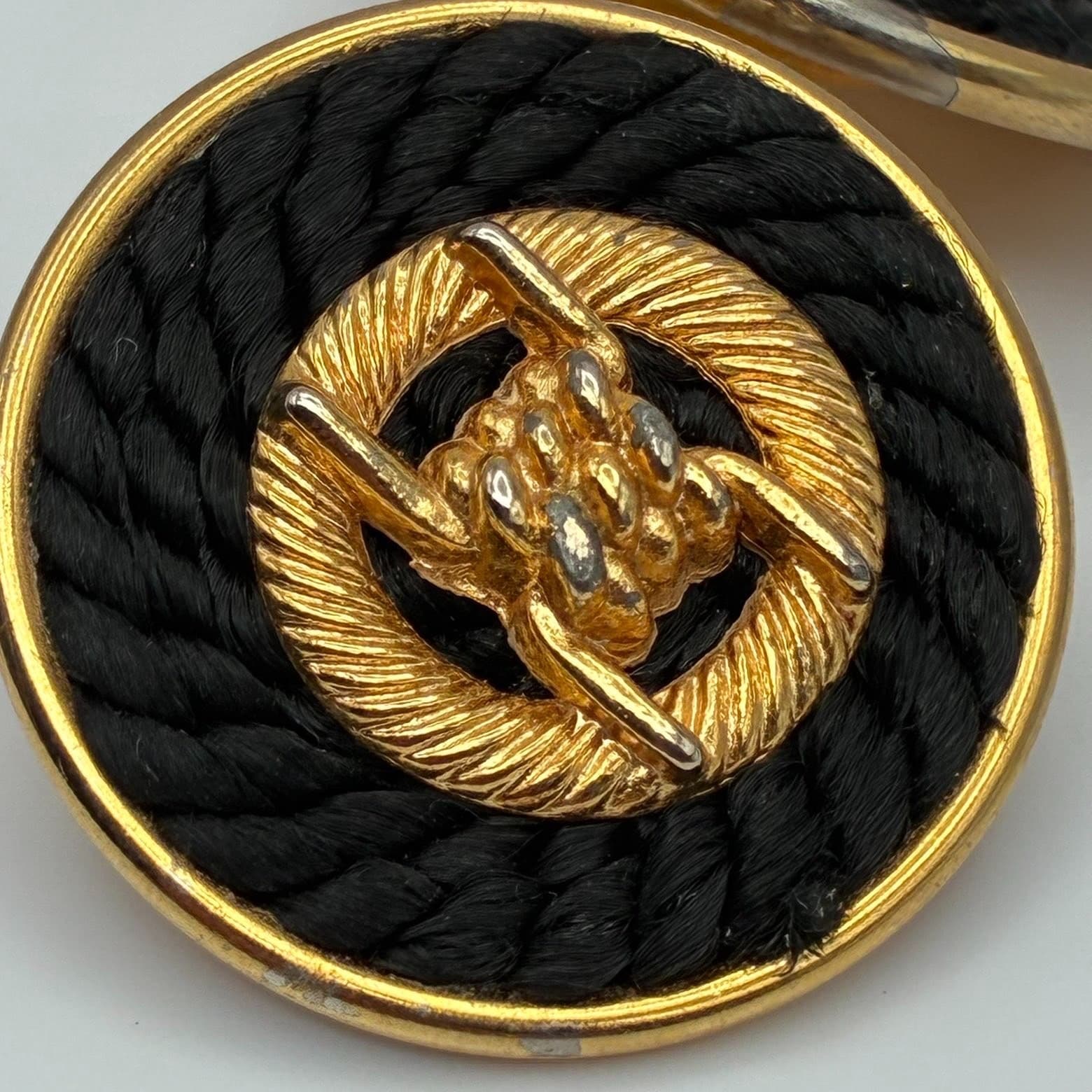 Vintage 80s Black Rope Gold Tone Round Button Stud Earrings Nautical Jewelry - Thumbnail 2