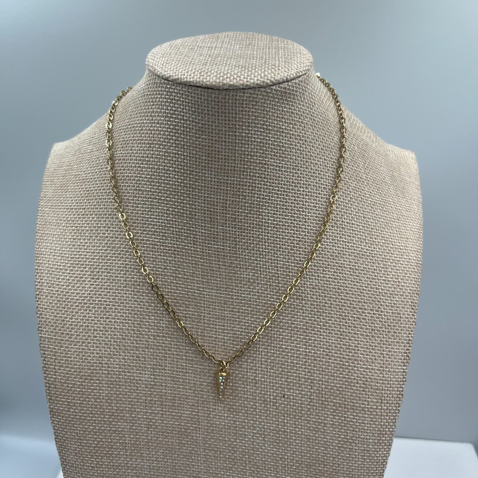 Gold Pave Spike Pendant Necklace Dainty Dagger Triangle Charm Edgy Layering Gift - Image 1