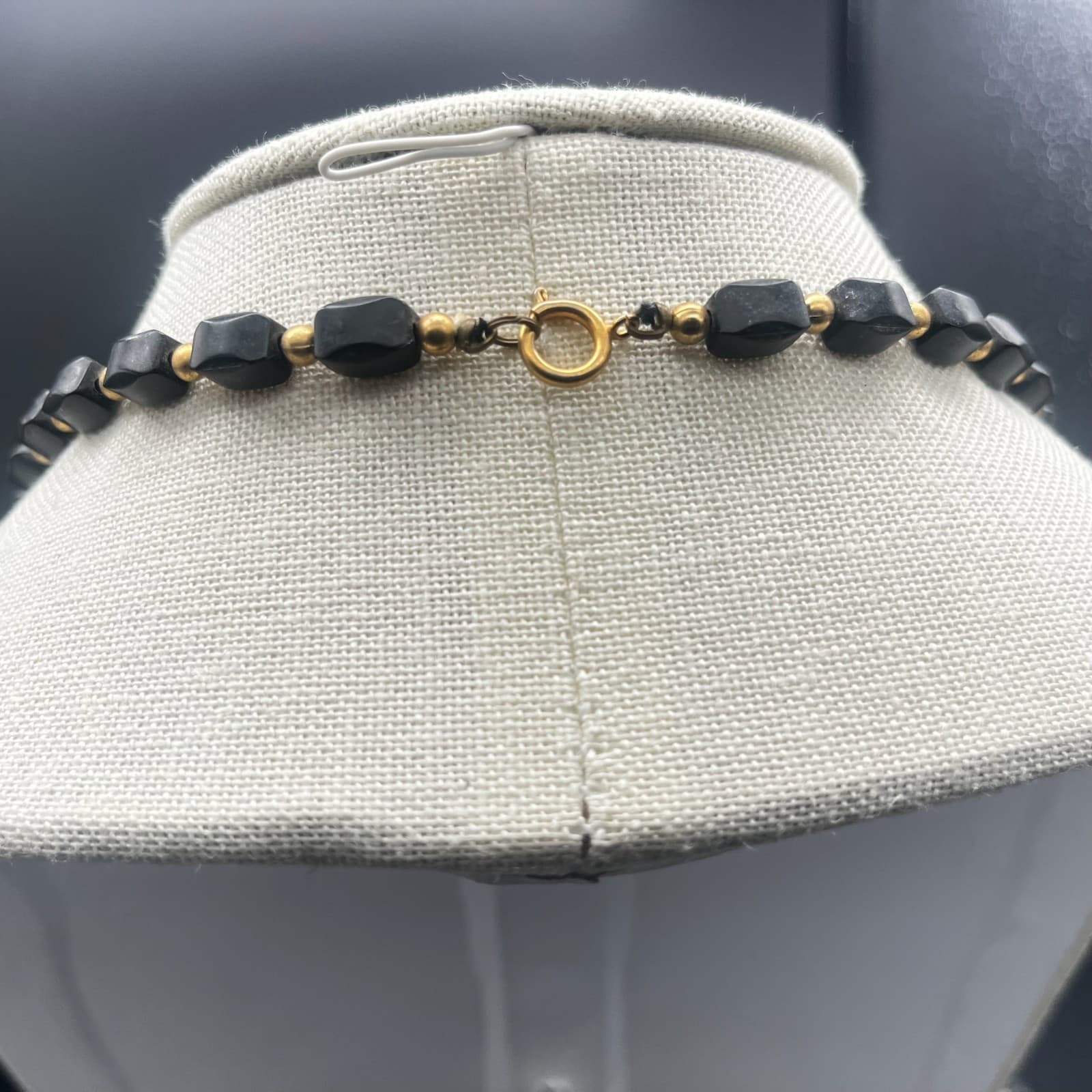 Vintage Black Lucite Chunky Beaded Necklace Gold Tone Accents - Thumbnail 3