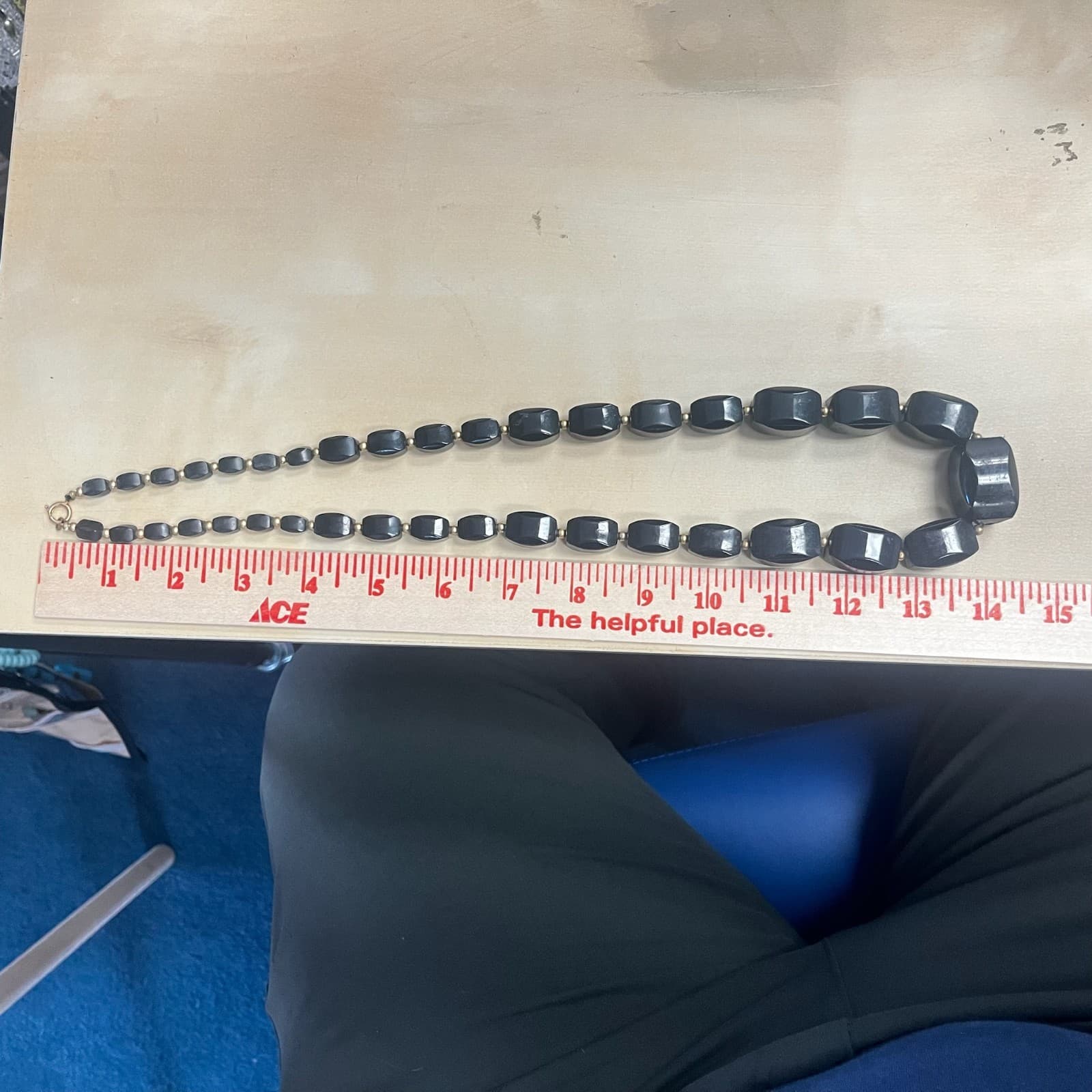 Vintage Black Lucite Chunky Beaded Necklace Gold Tone Accents - Thumbnail 8