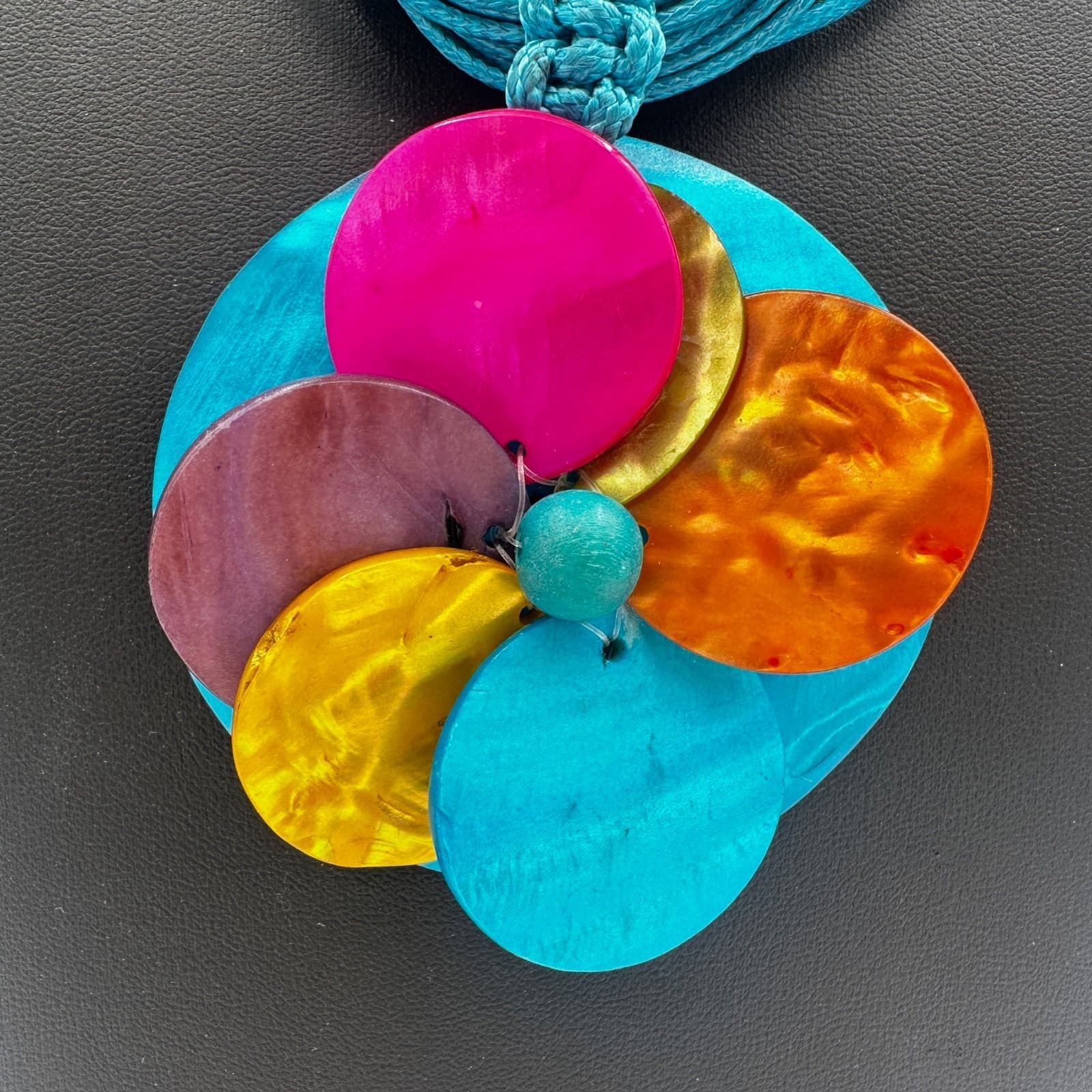 Boho Multicolor Shell Flower Pendant on Turquoise Cord Necklace - Thumbnail 2