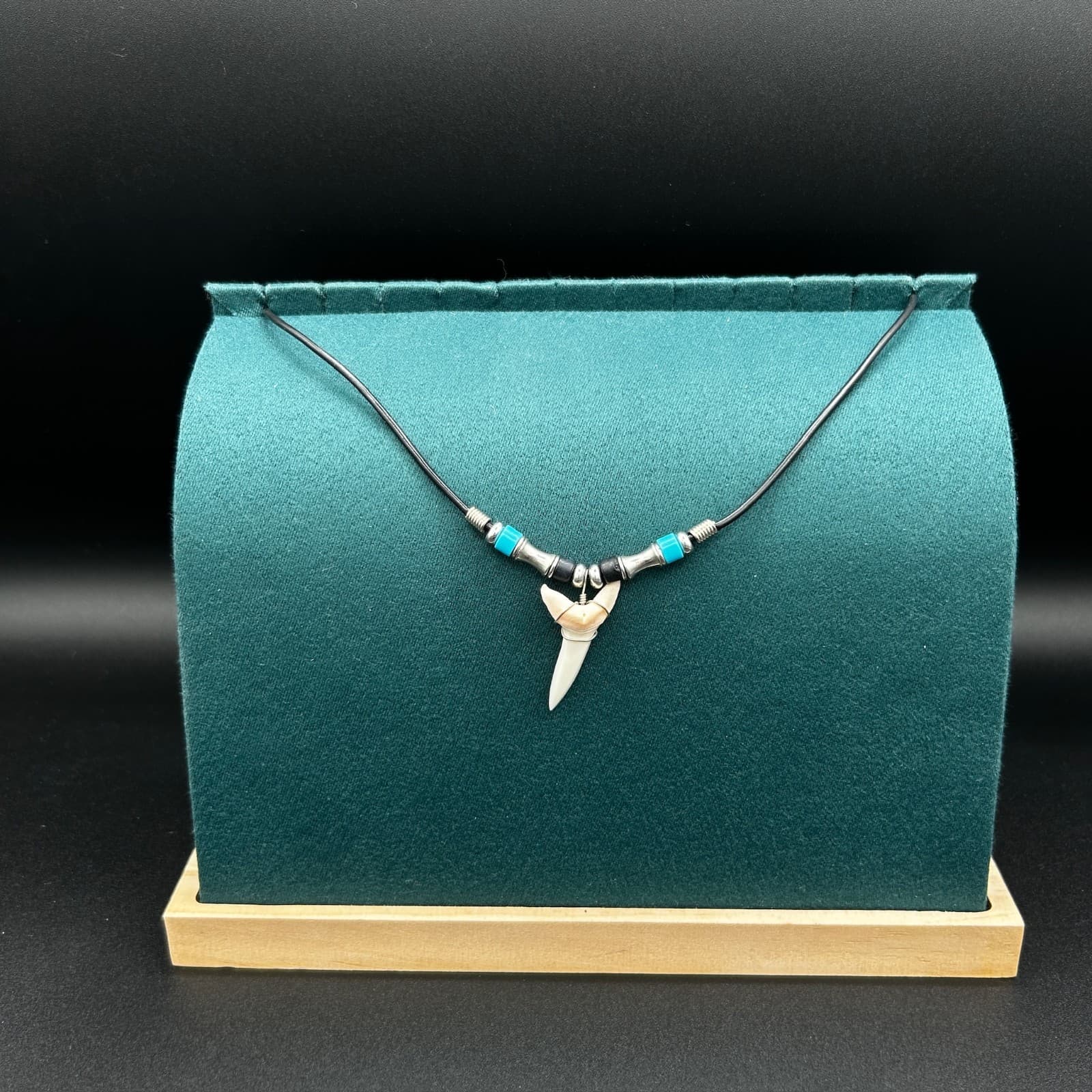 Vintage Tribal Faux Tooth Pendant Necklace Turquoise Beads Leather Cord 17in - Image 1