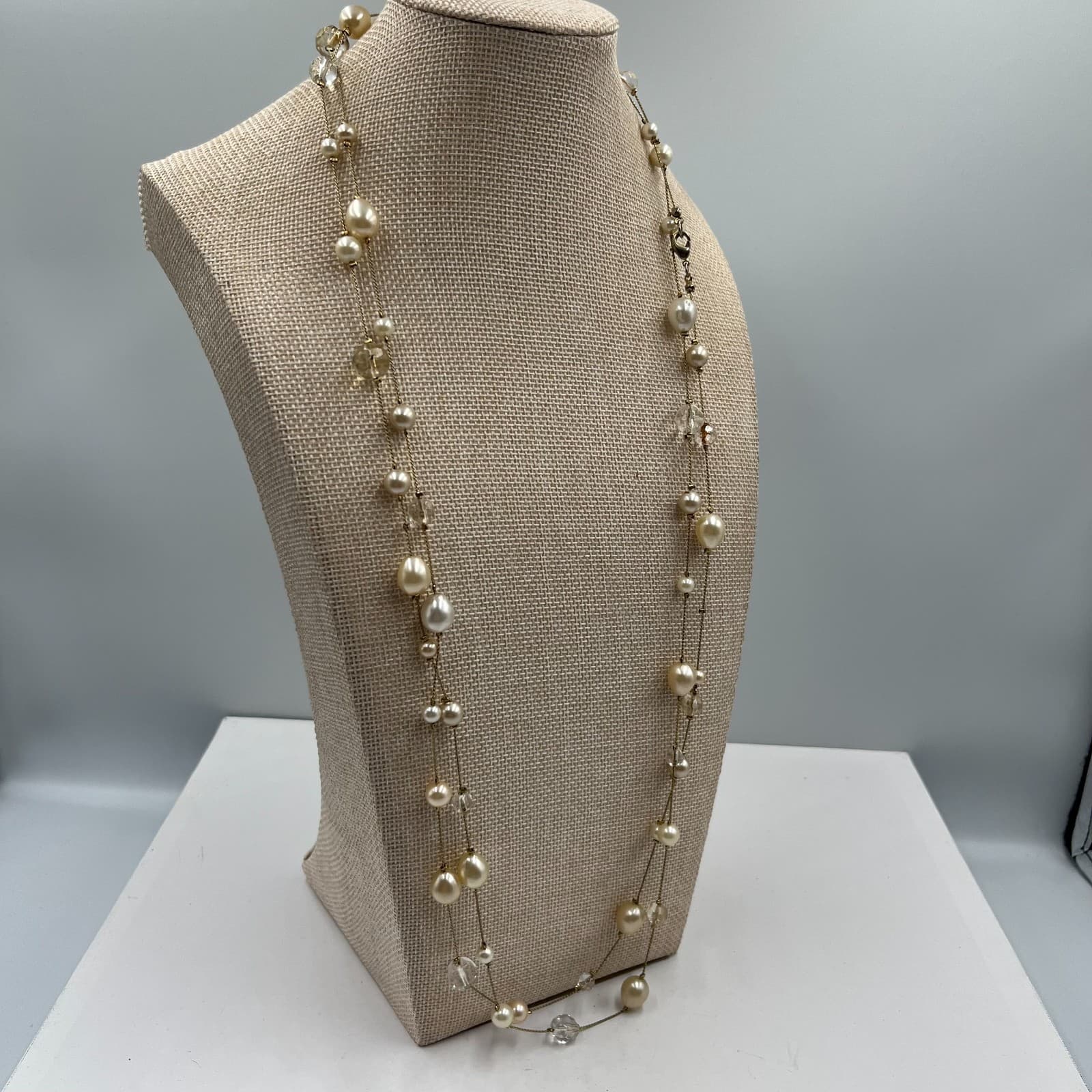 Vintage Pearl & Faceted Glass Bead Station Necklace Long Gold Tone Tin Cup 36" - Thumbnail 4